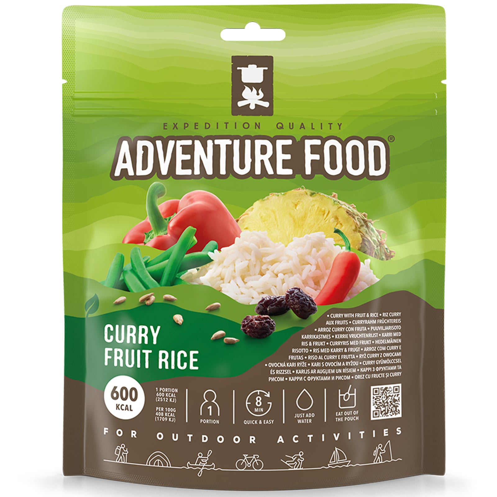 Nourriture aventure, riz au curry, repas de randonnée, nourriture de plein air, nutrition, végétarien