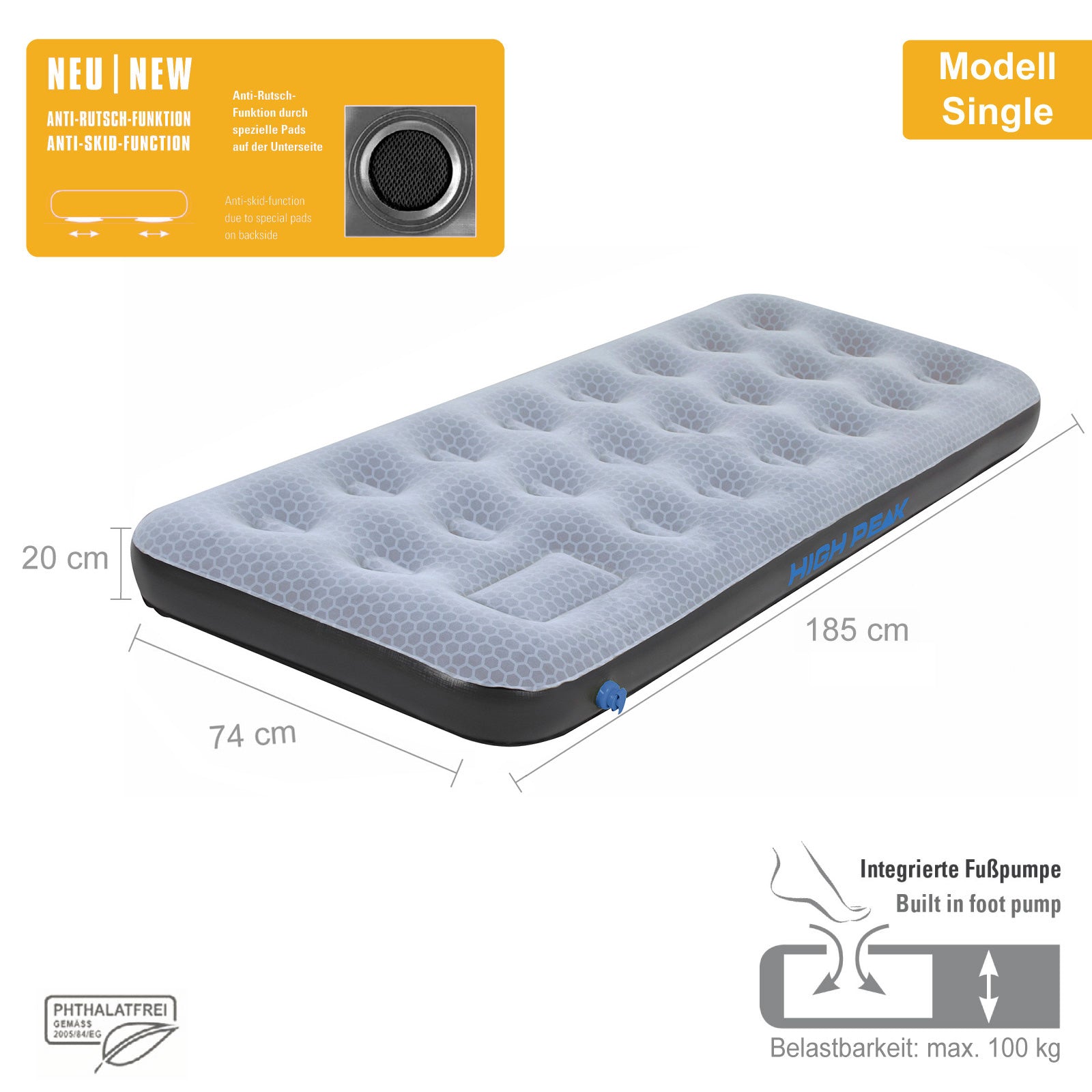 HIGH PEAK Luftbett Comfort Plus - Luftmatratze Camping Gästebett Isomatte Pumpe