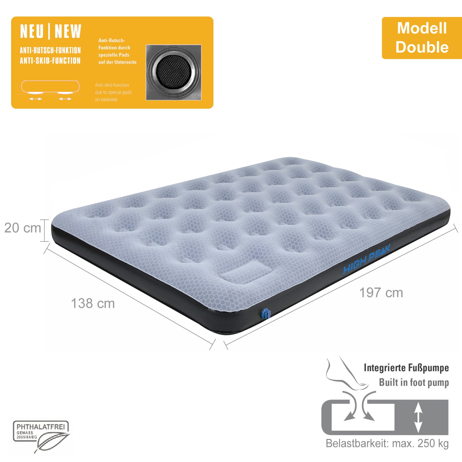 HIGH PEAK Airbed Comfort Plus - Air mattress Camping guest bed Sleeping pad Pump
