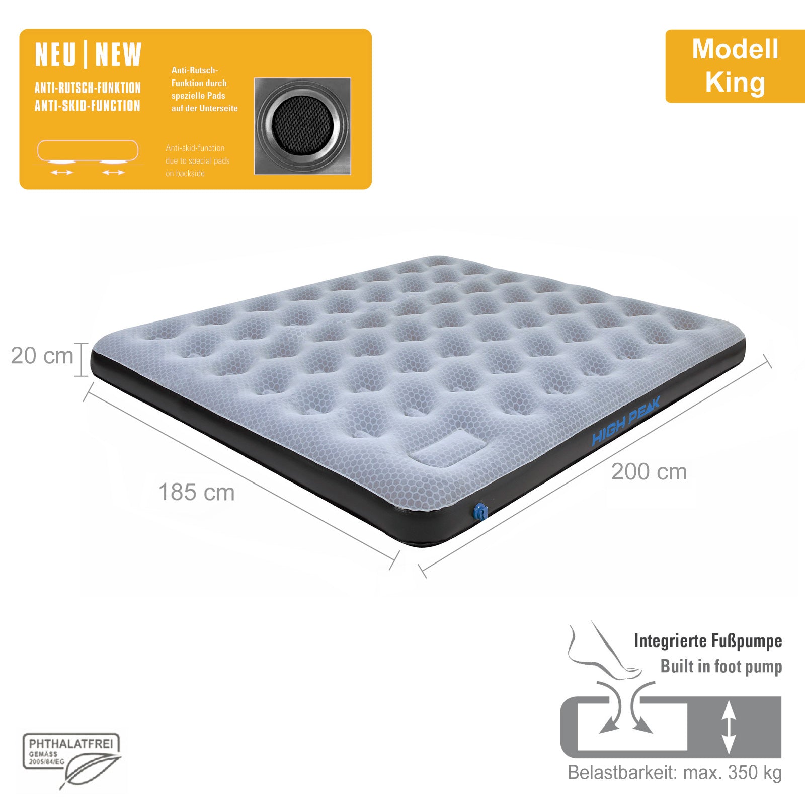 HIGH PEAK Luftbett Comfort Plus - Luftmatratze Camping Gästebett Isomatte Pumpe