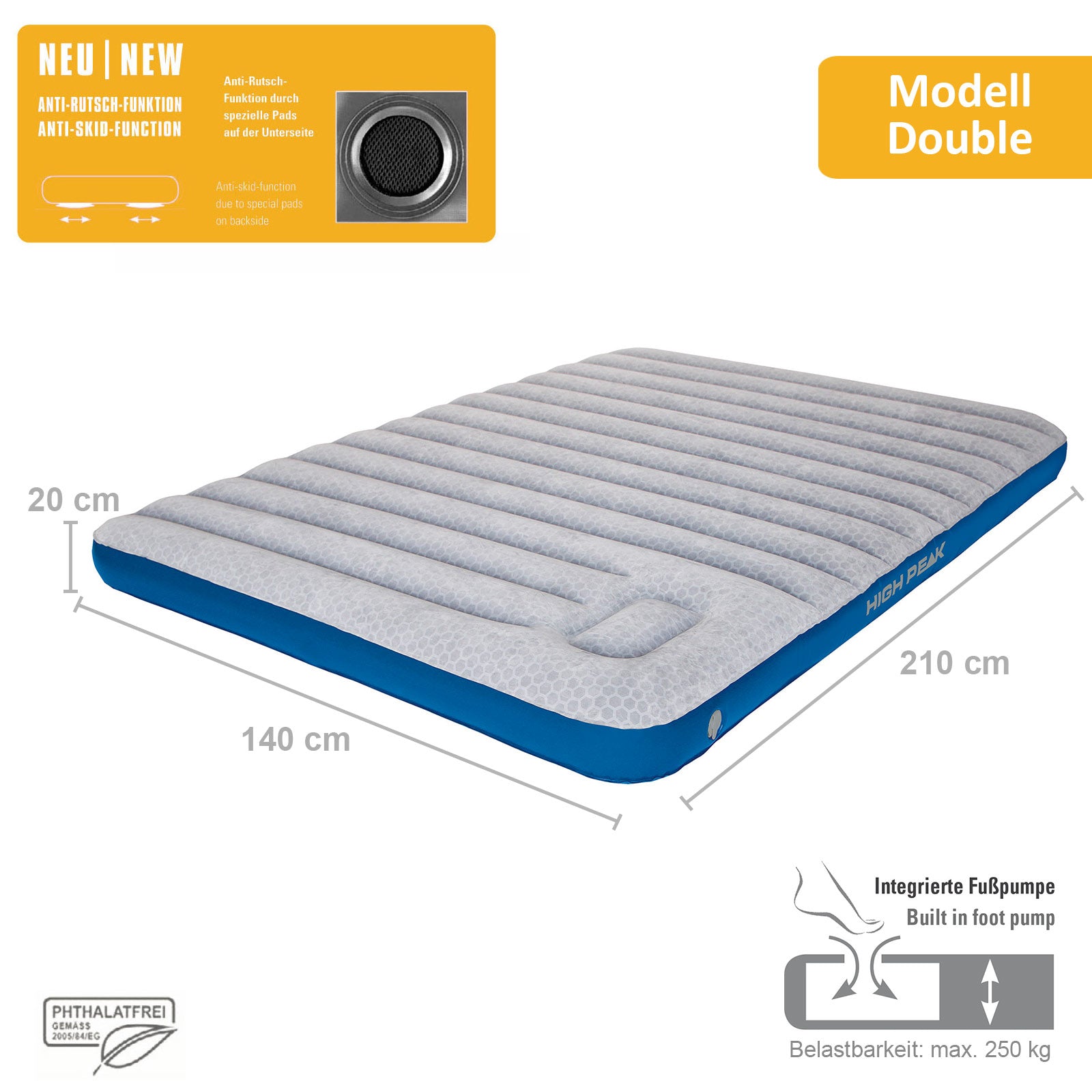 HIGH PEAK Airbed Cross Beam XL - Matelas de couchage Matelas pneumatique de camping Lit d'appoint Pompe