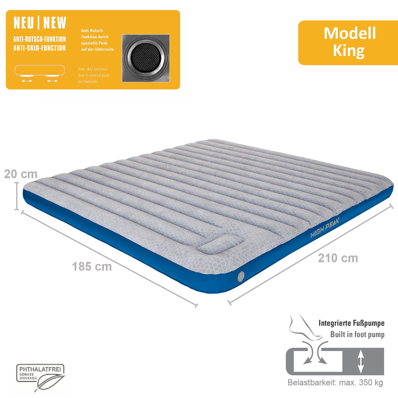 HIGH PEAK Airbed Cross Beam XL - Matelas de couchage Matelas pneumatique de camping Lit d'appoint Pompe