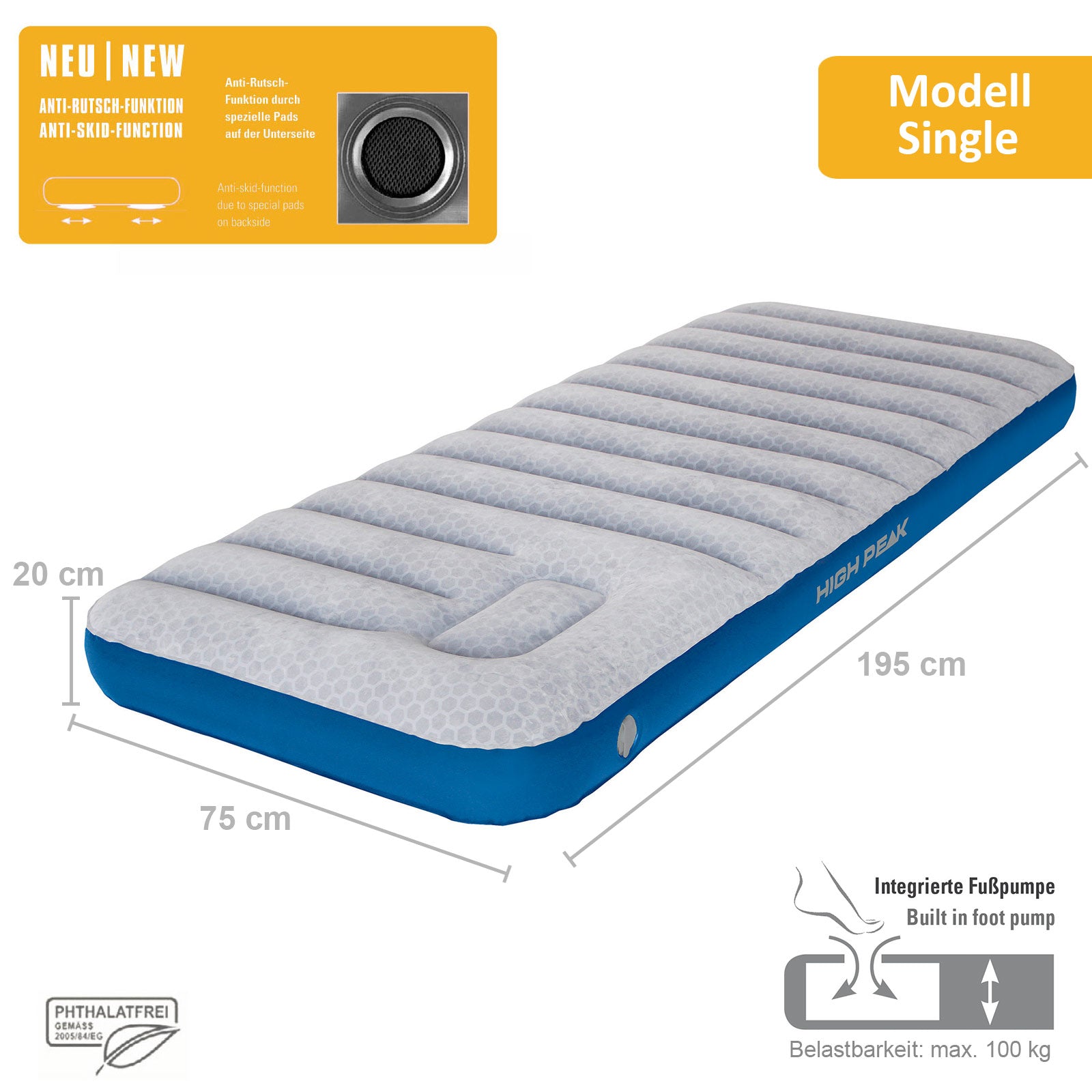 HIGH PEAK Airbed Cross Beam XL - Matelas de couchage Matelas pneumatique de camping Lit d'appoint Pompe