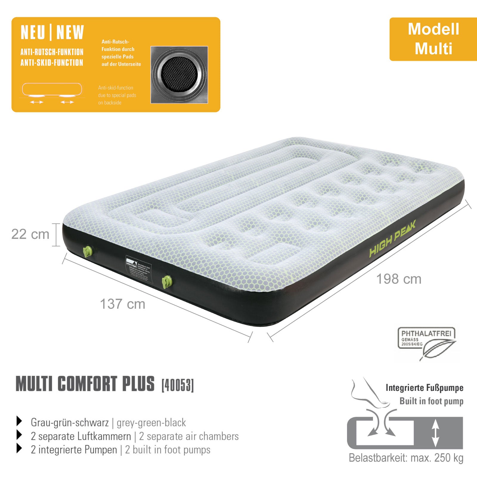 HIGH PEAK Airbed Comfort Plus - Air mattress Camping guest bed Sleeping pad Pump