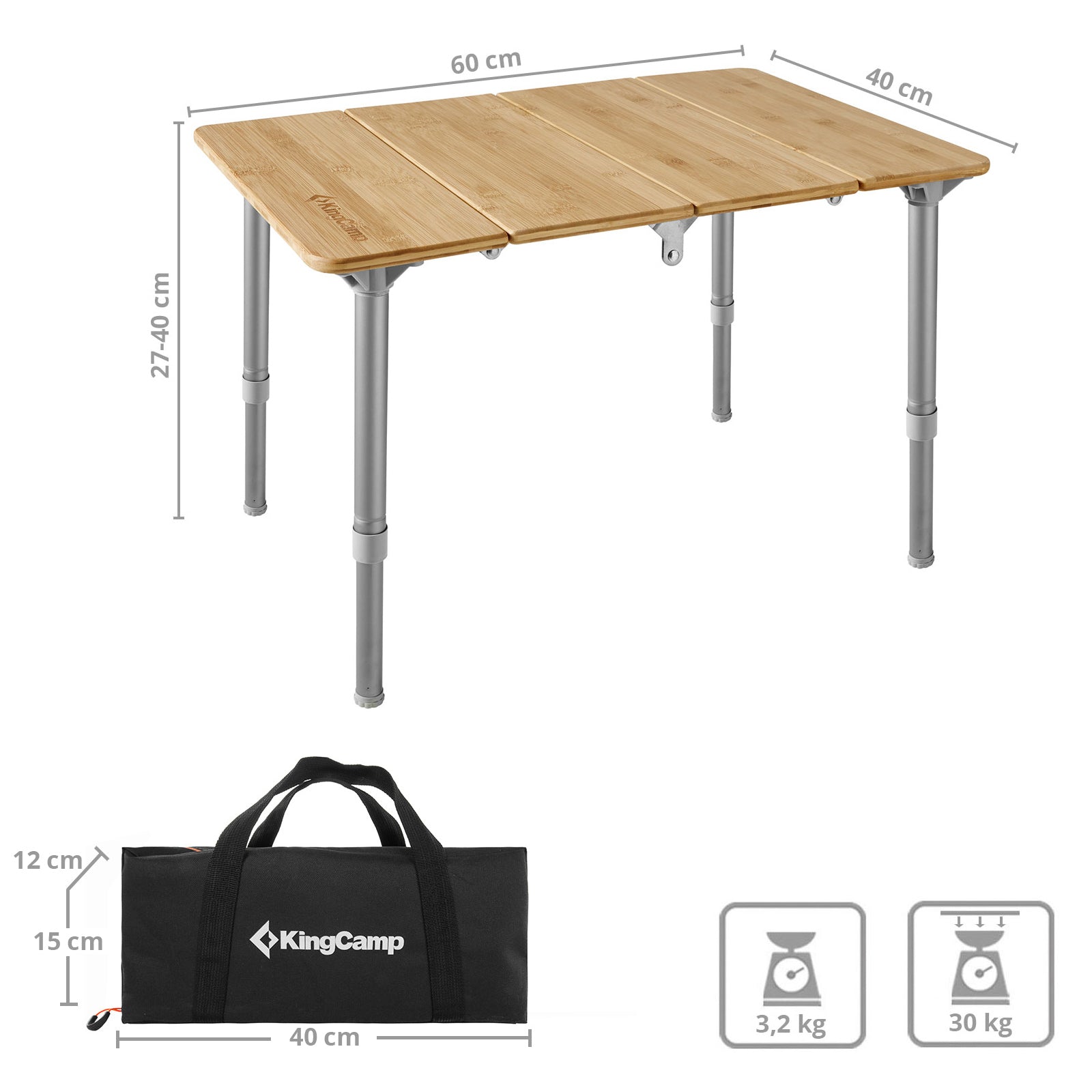 Table pliante de camping KINGCAMP en aluminium, bambou et bois, réglable en continu