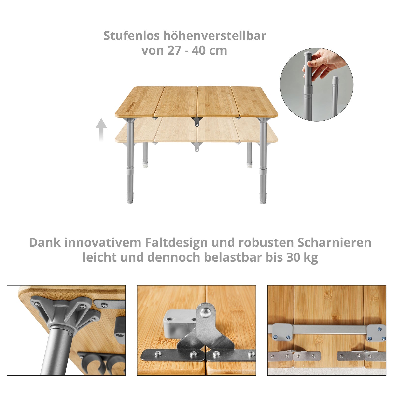 Table pliante de camping KINGCAMP en aluminium, bambou et bois, réglable en continu