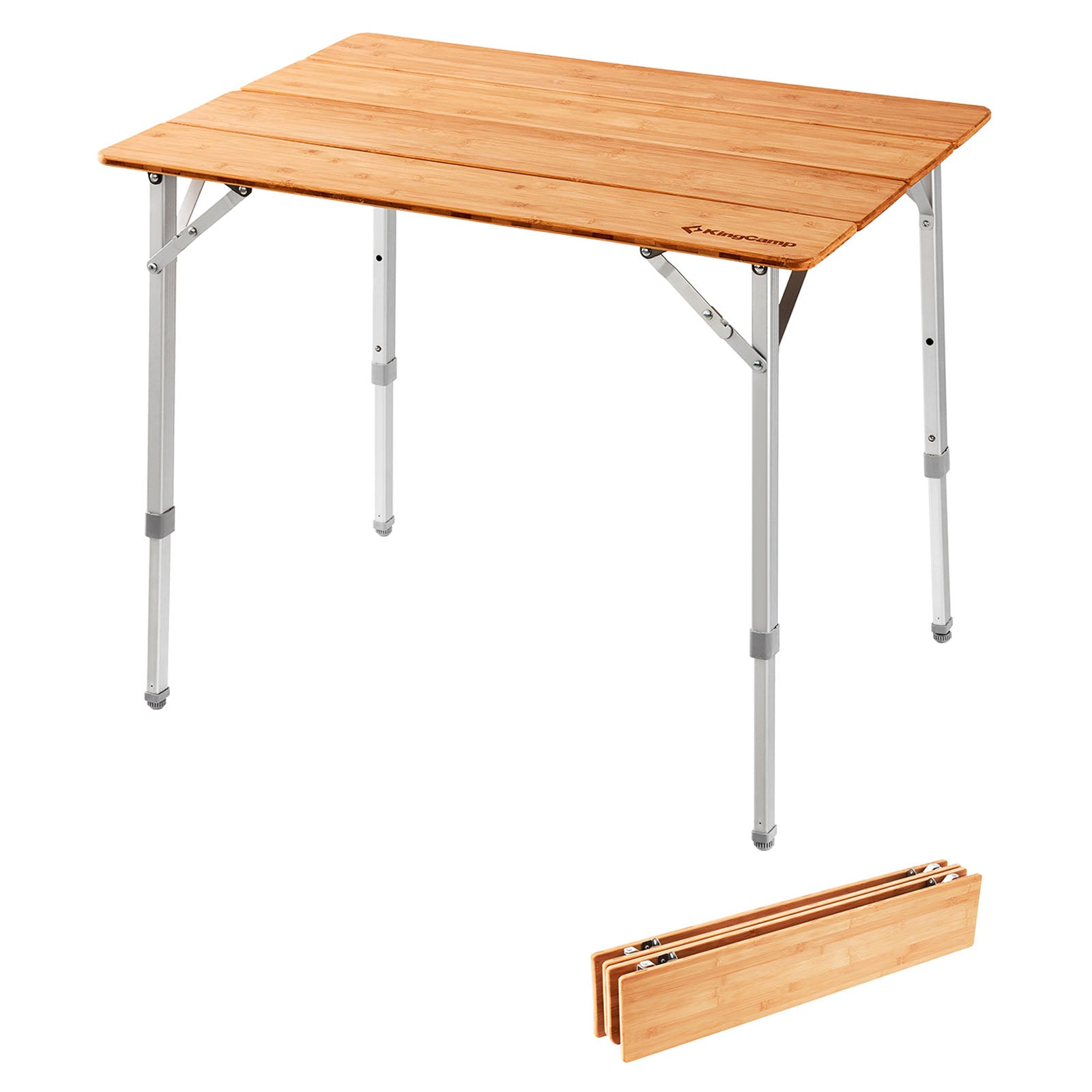 Table pliante en bambou KINGCAMP, table de camping pliante de jardin en aluminium et bois, 3 hauteurs réglables