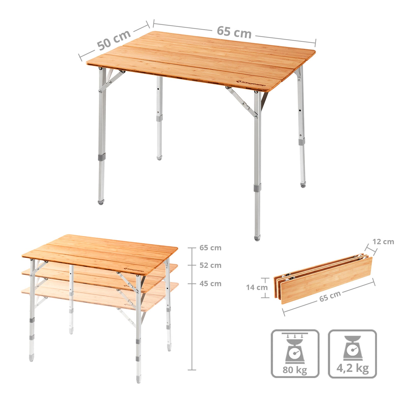Table pliante en bambou KINGCAMP, table de camping pliante de jardin en aluminium et bois, 3 hauteurs réglables