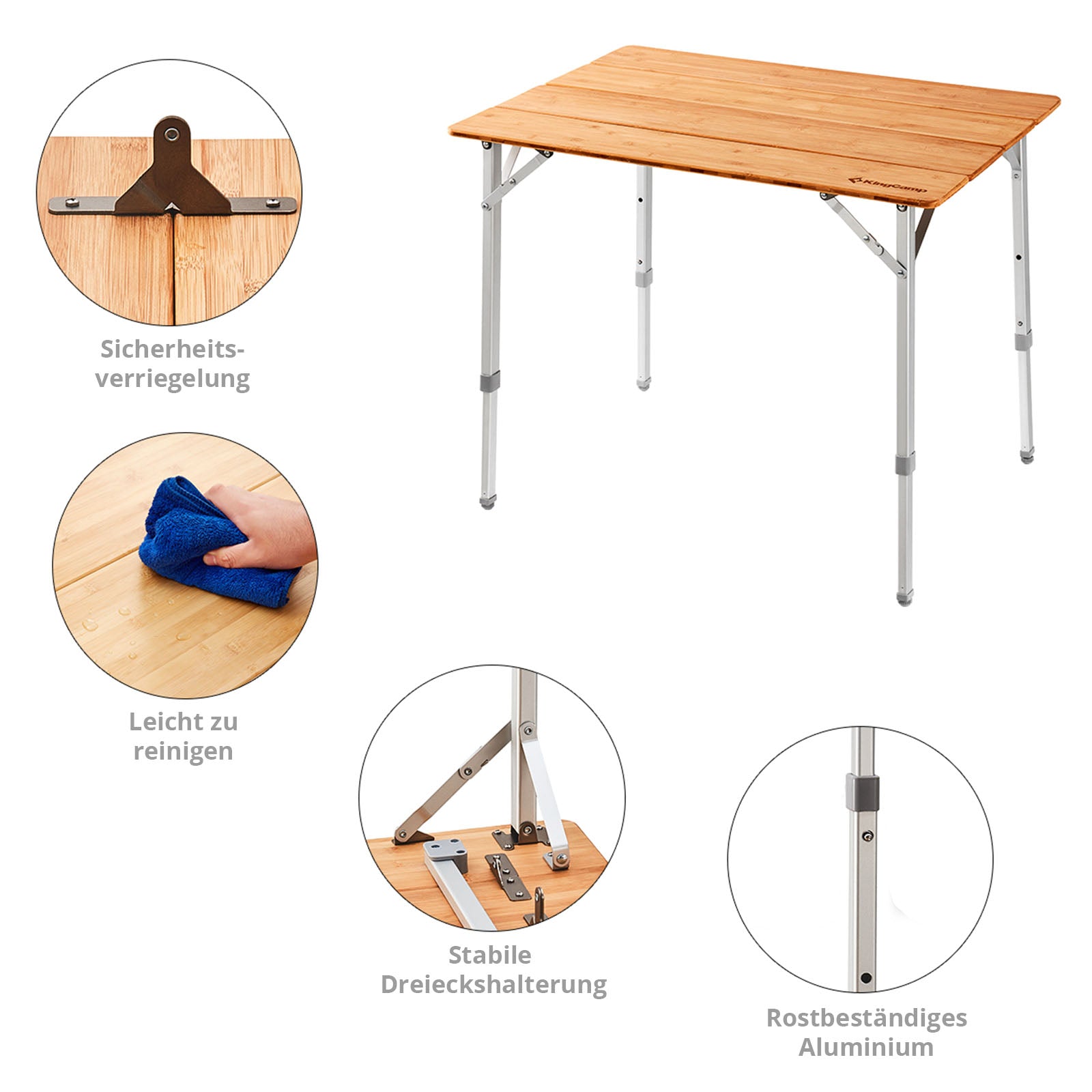 KINGCAMP Bambus Falt Tisch Camping Klapptisch Garten Alu Holz 3Höhen Verstellbar