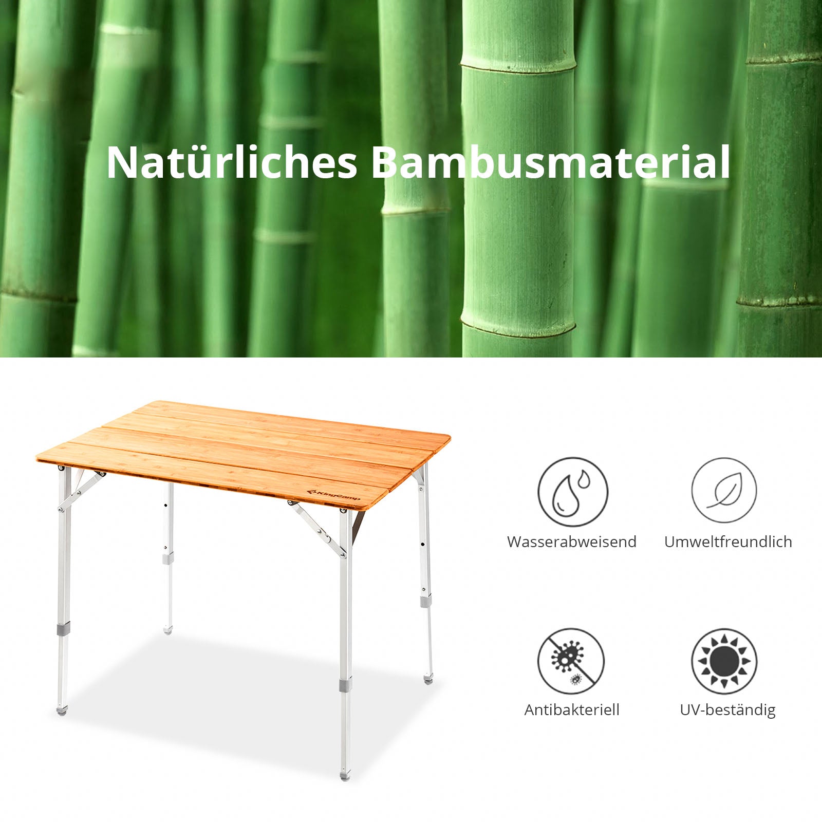 KINGCAMP Bambus Falt Tisch Camping Klapptisch Garten Alu Holz 3Höhen Verstellbar