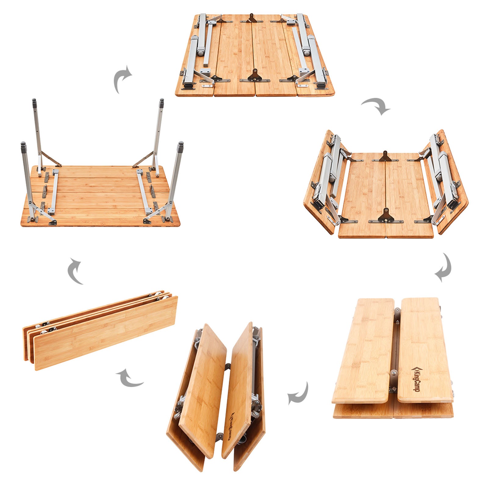 KINGCAMP Bamboo Folding Table Camping Folding Table Garden Aluminum Wood 3 Heights Adjustable