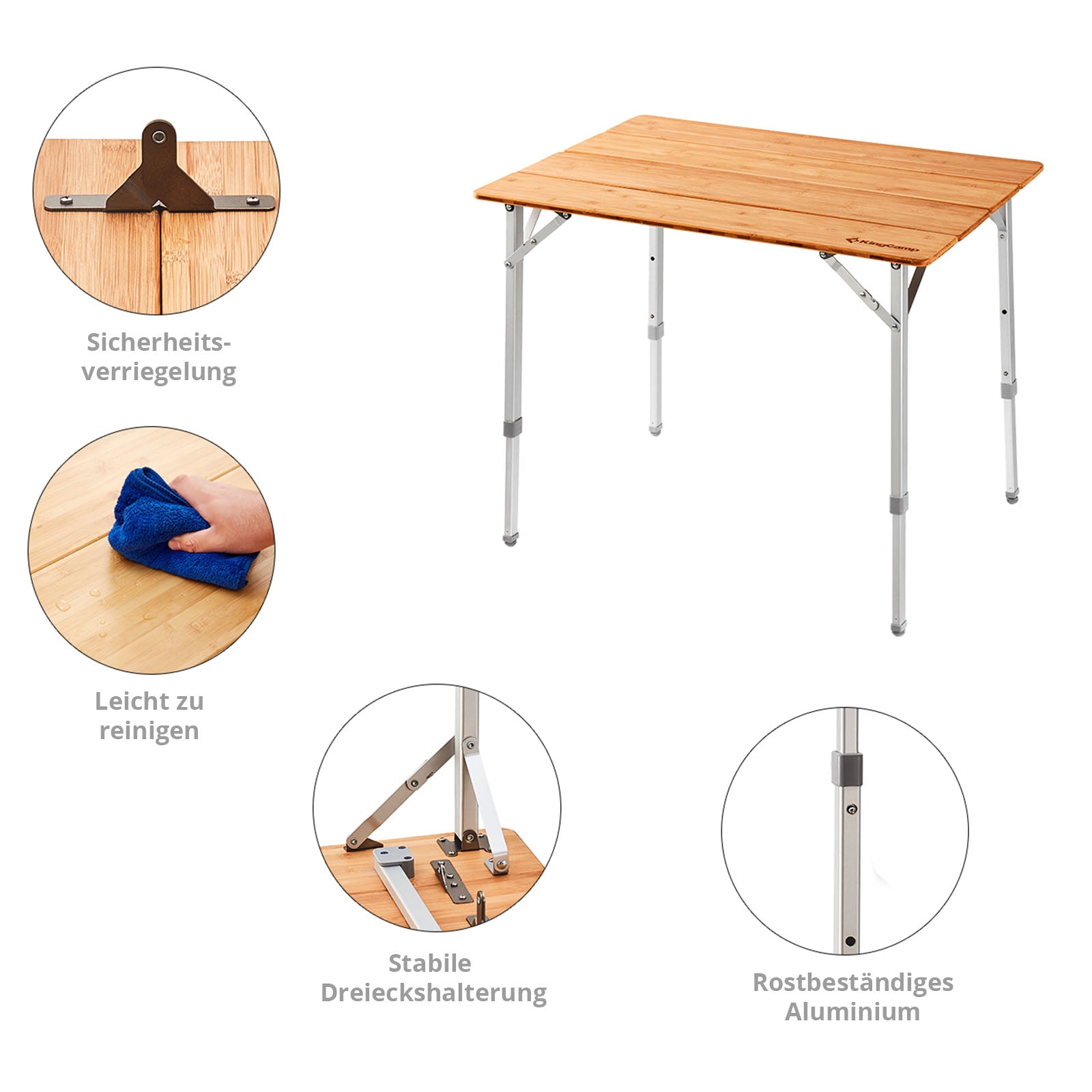 KINGCAMP Bamboo Camping Table Folding Table Camping Folding Table Aluminum Wood 3 Heights
