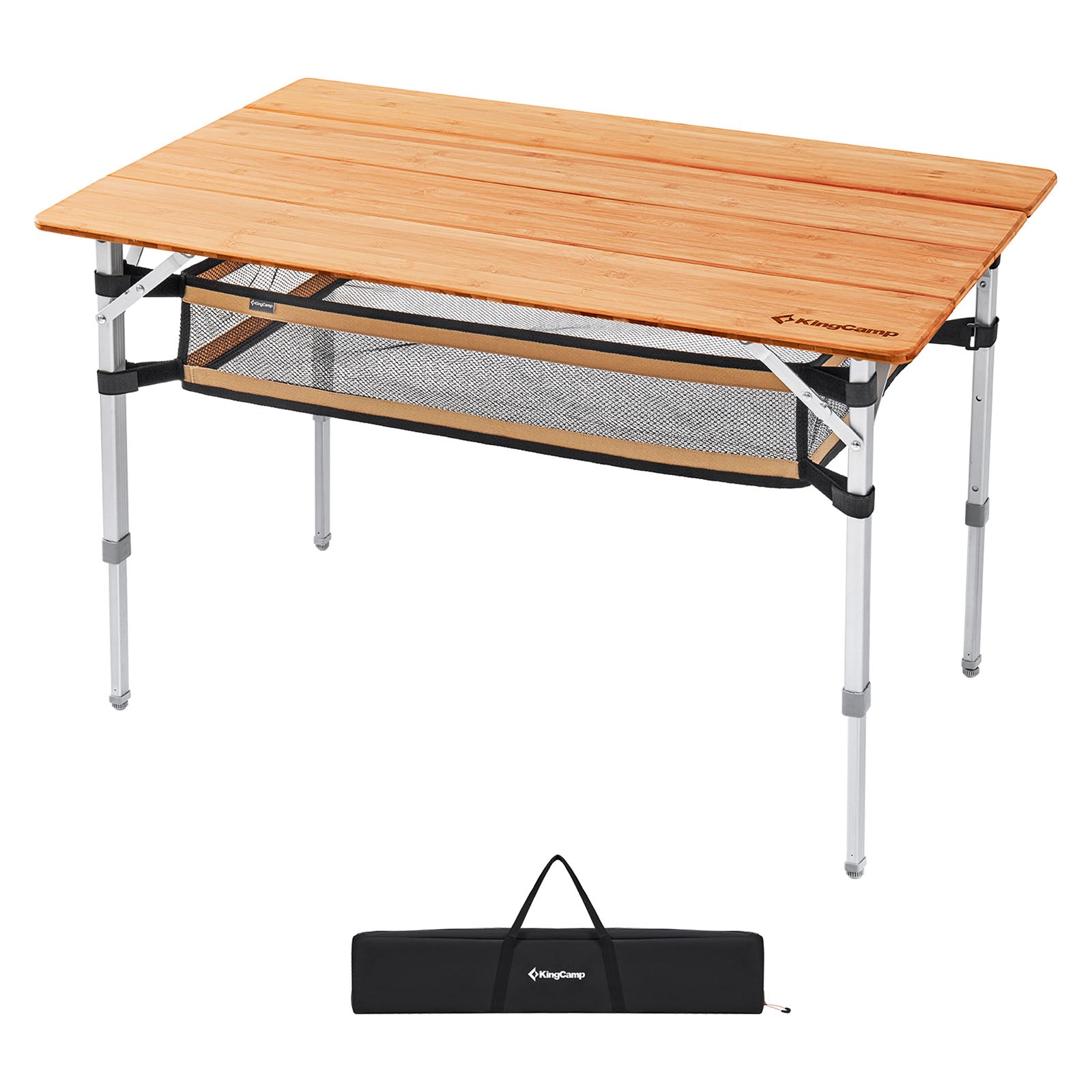 Table pliante en bambou KINGCAMP, table de camping pliante de jardin en aluminium et bois, 3 hauteurs réglables