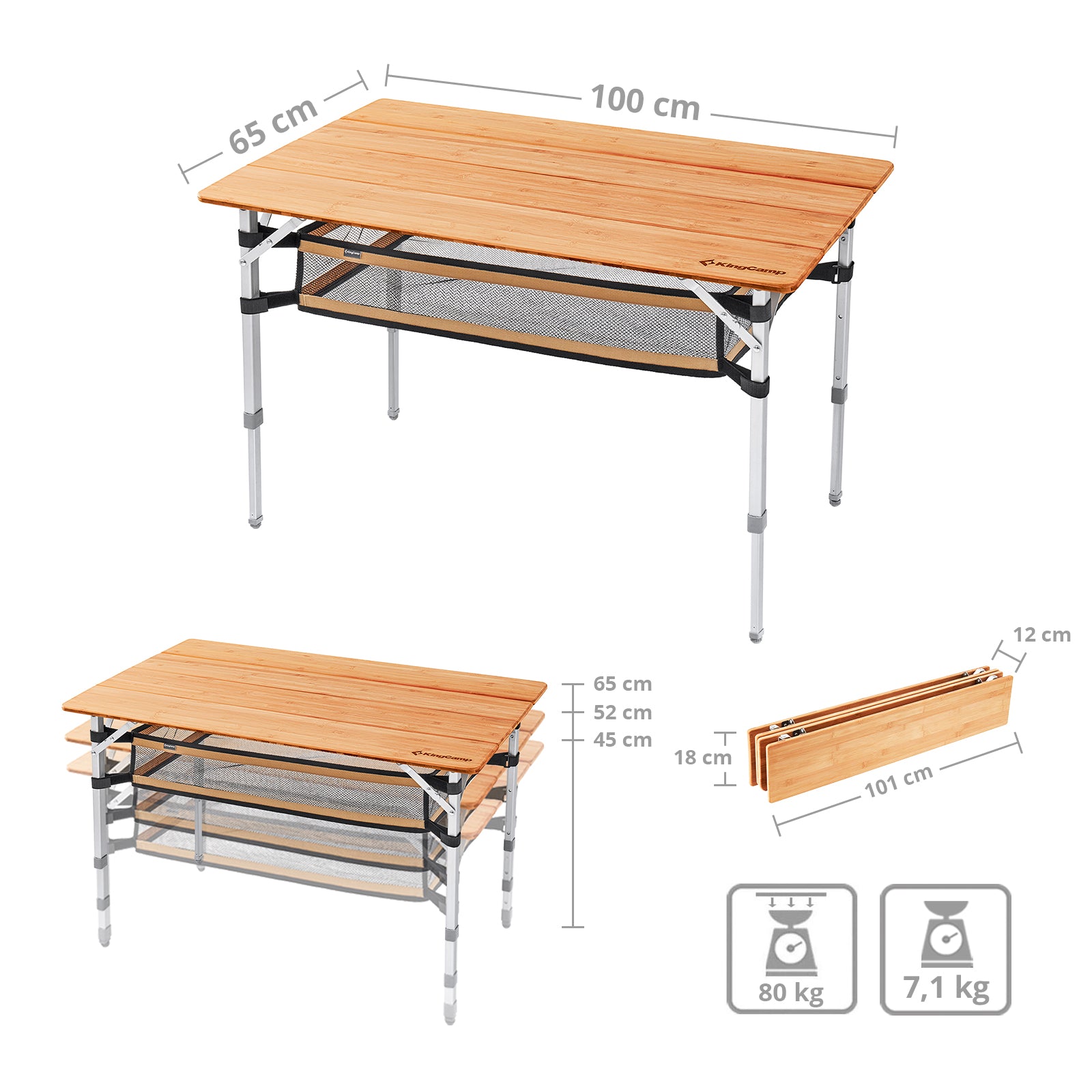 Table pliante en bambou KINGCAMP, table de camping pliante de jardin en aluminium et bois, 3 hauteurs réglables