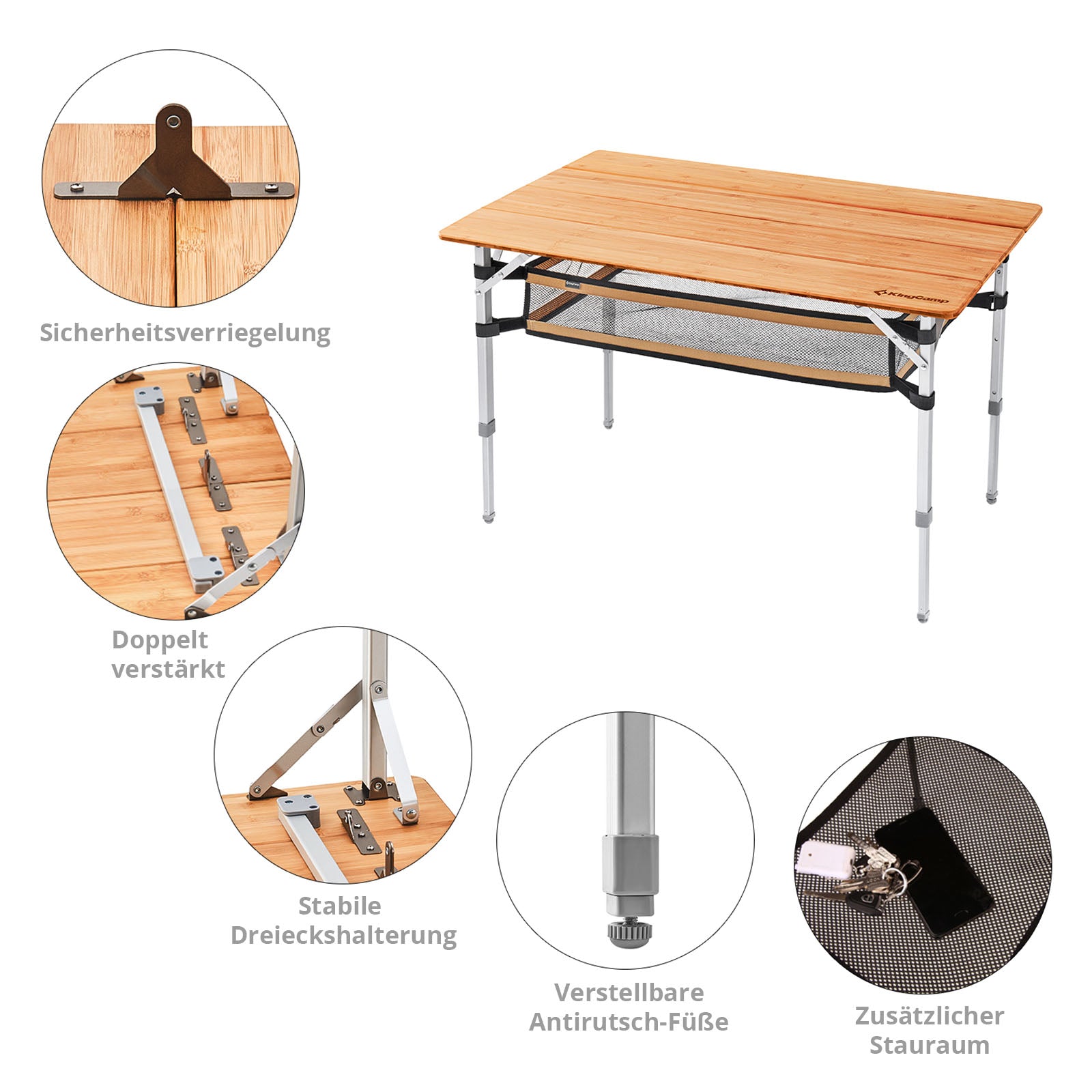 KINGCAMP Bambus Falt Tisch Camping Klapptisch Garten Alu Holz 3Höhen Verstellbar