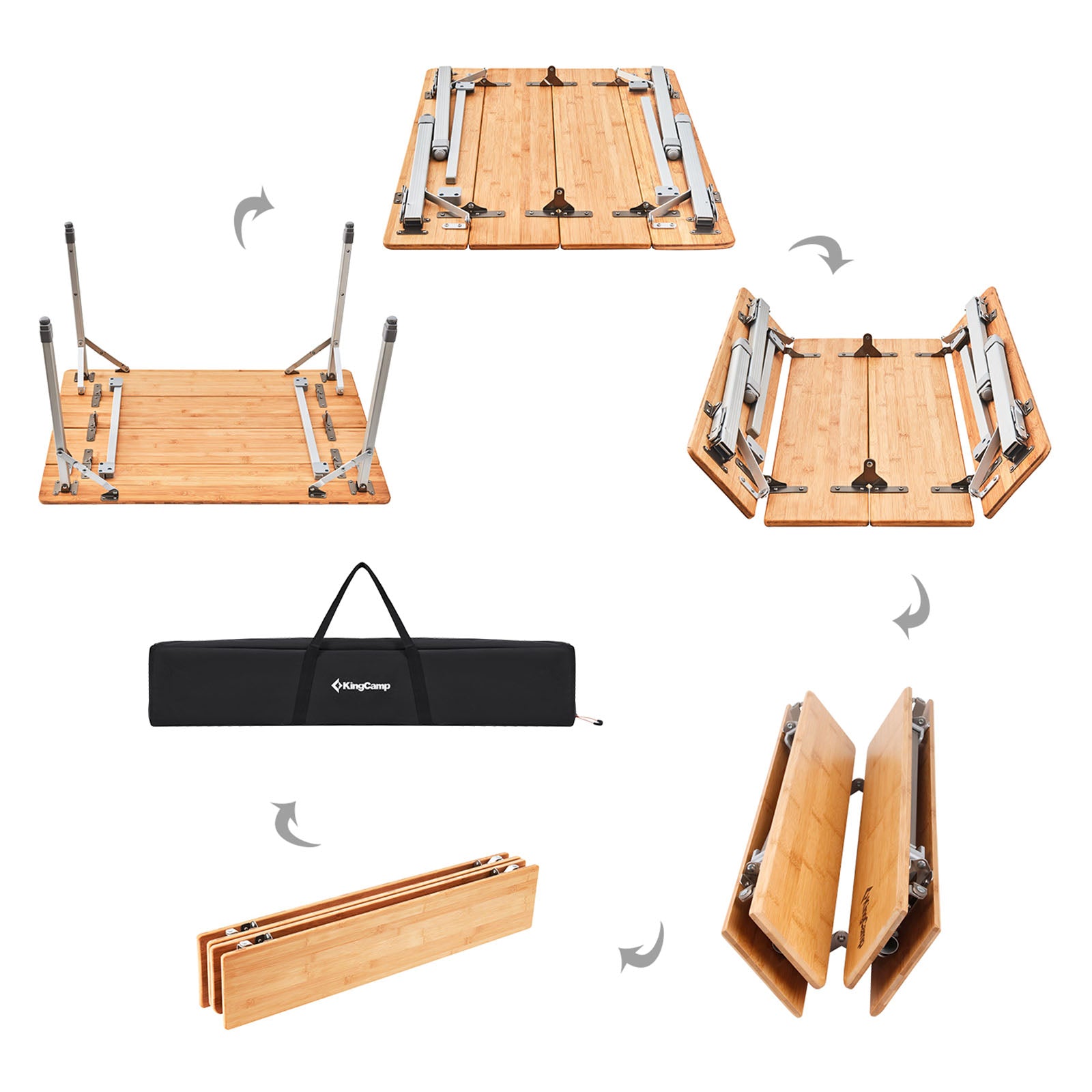 KINGCAMP Bamboo Folding Table Camping Folding Table Garden Aluminum Wood 3 Heights Adjustable