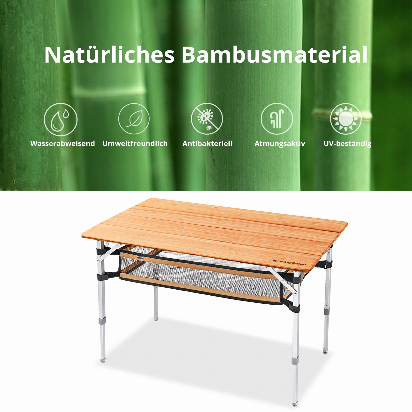 KINGCAMP Bambus Falt Tisch Camping Klapptisch Garten Alu Holz 3Höhen Verstellbar