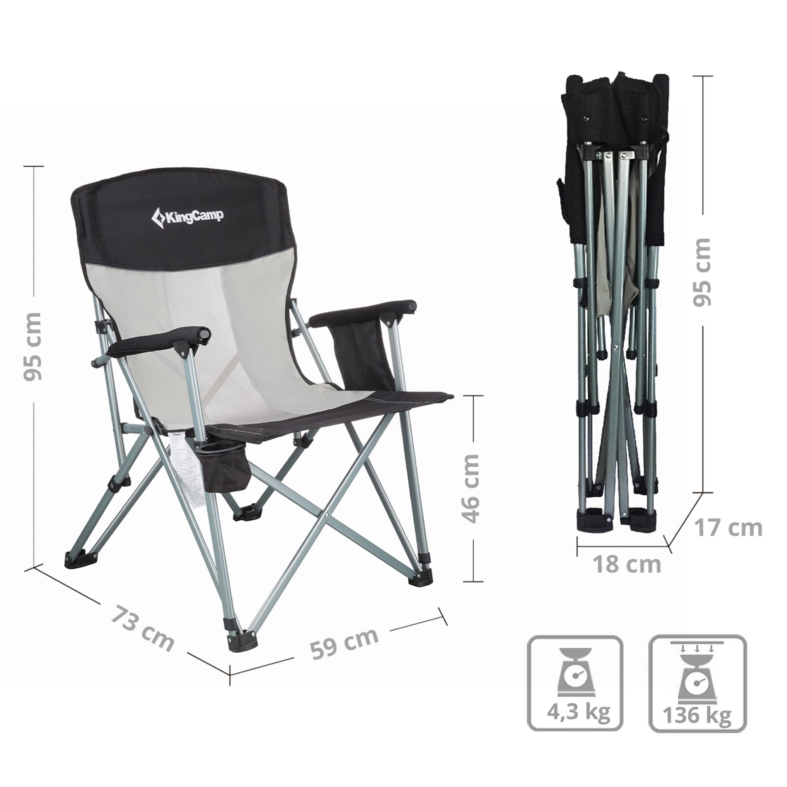Chaise pliante de camping KINGCAMP XL Fauteuil pliant de jardin extérieur Accoudoirs Acier 136 kg