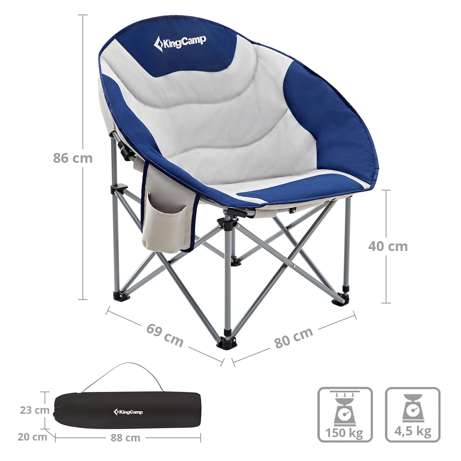 Chaise pliante de camping KINGCAMP MoonChair XL, chaise pliante de jardin, sac isotherme 150 kg