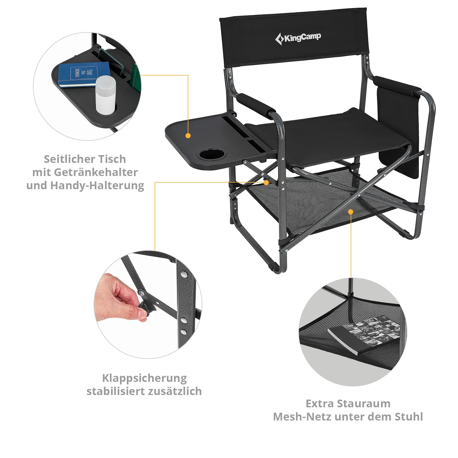 Chaise de directeur KINGCAMP Chaise pliante de camping multi-usages Chaise pliante Table avec accoudoirs