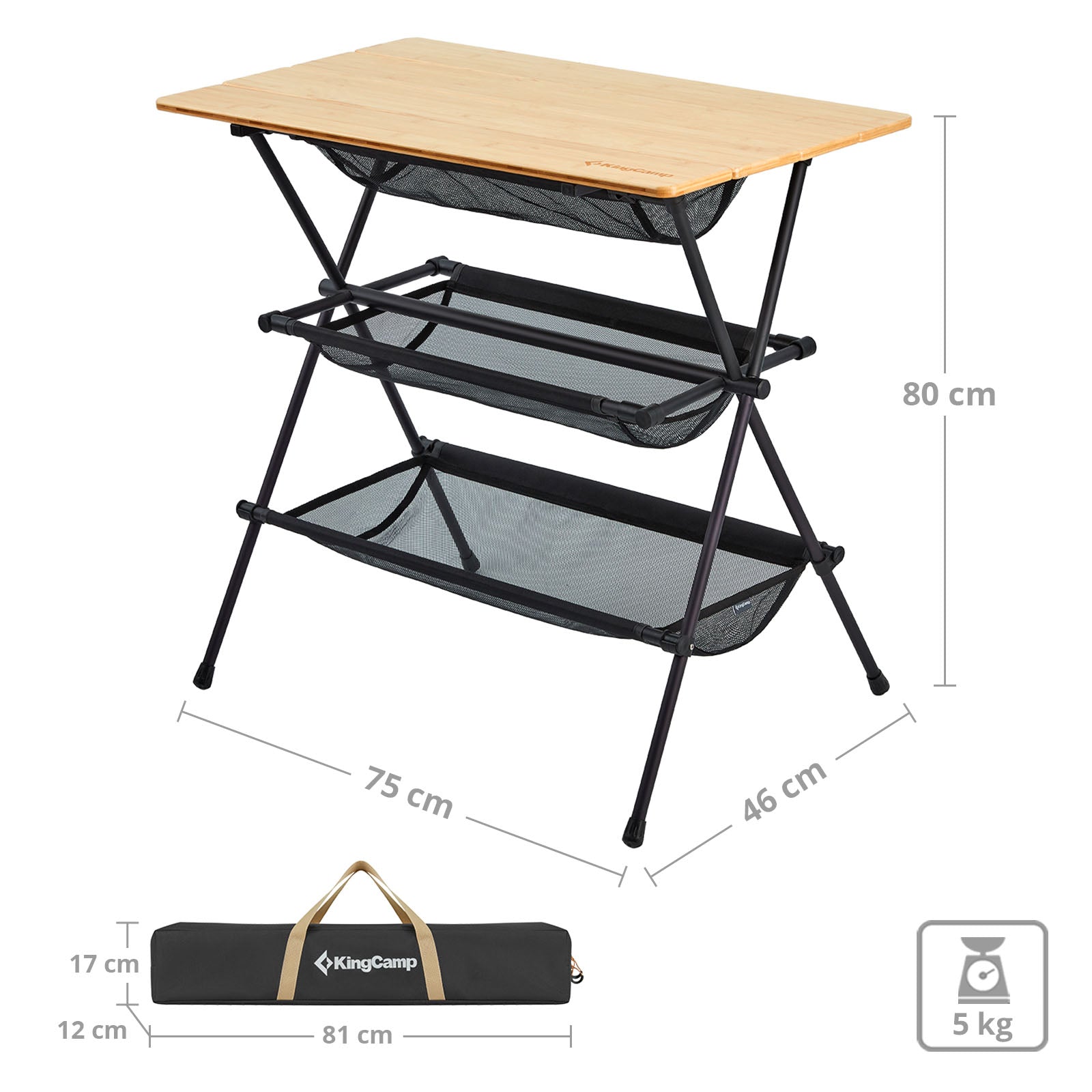 KINGCAMP Beistelltisch Camping Küchen Tisch Rolltisch Grill BBQ Alu Bambus Holz