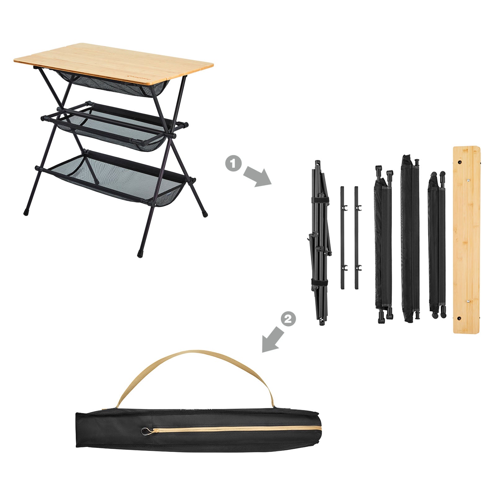 KINGCAMP Bijzettafel Camping Keukentafel Roltafel Barbecue BBQ Aluminium Bamboe Hout