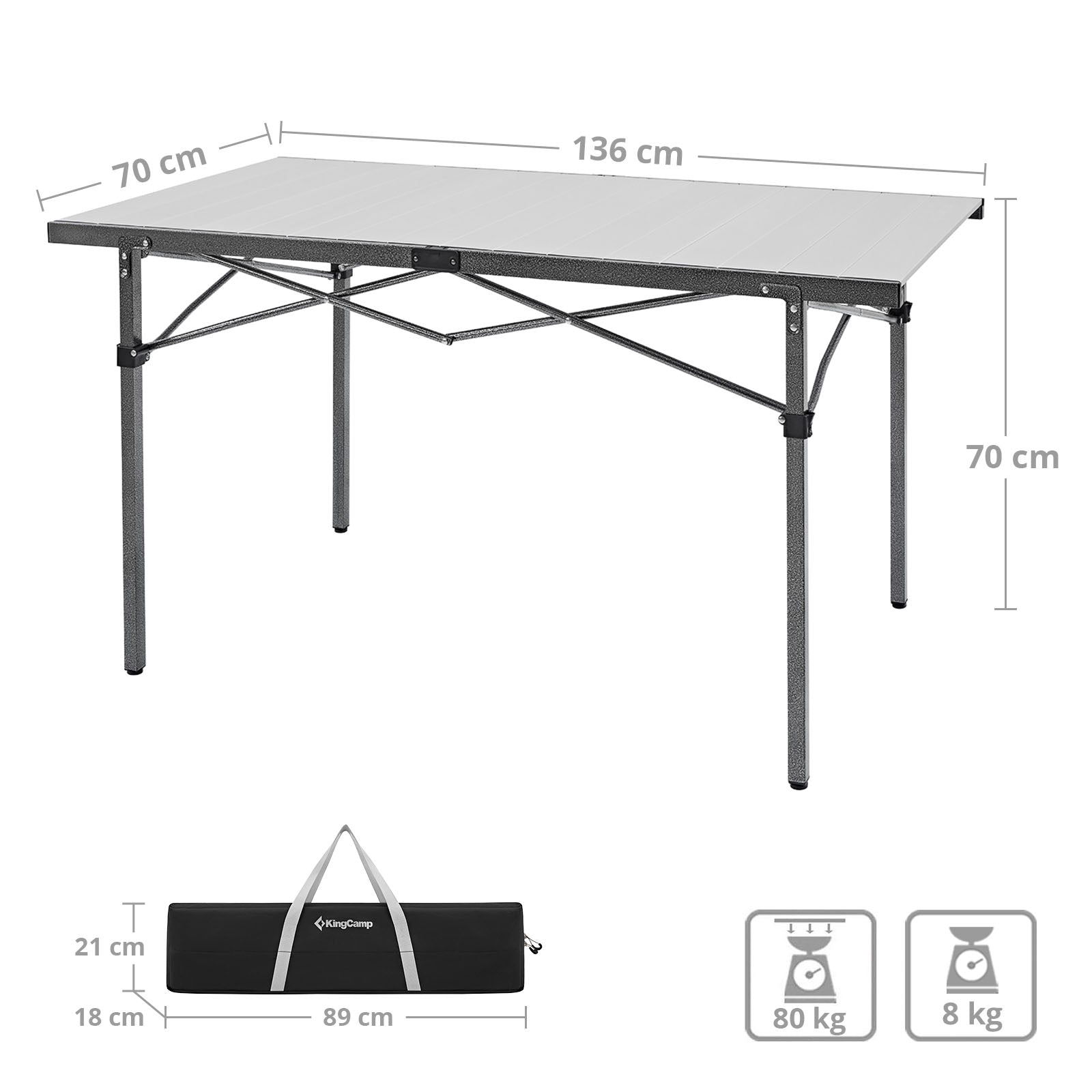 KINGCAMP kampeertafel, campingtafel op wieltjes, klaptafel, tuintafel, aluminium, 136 x 70 cm