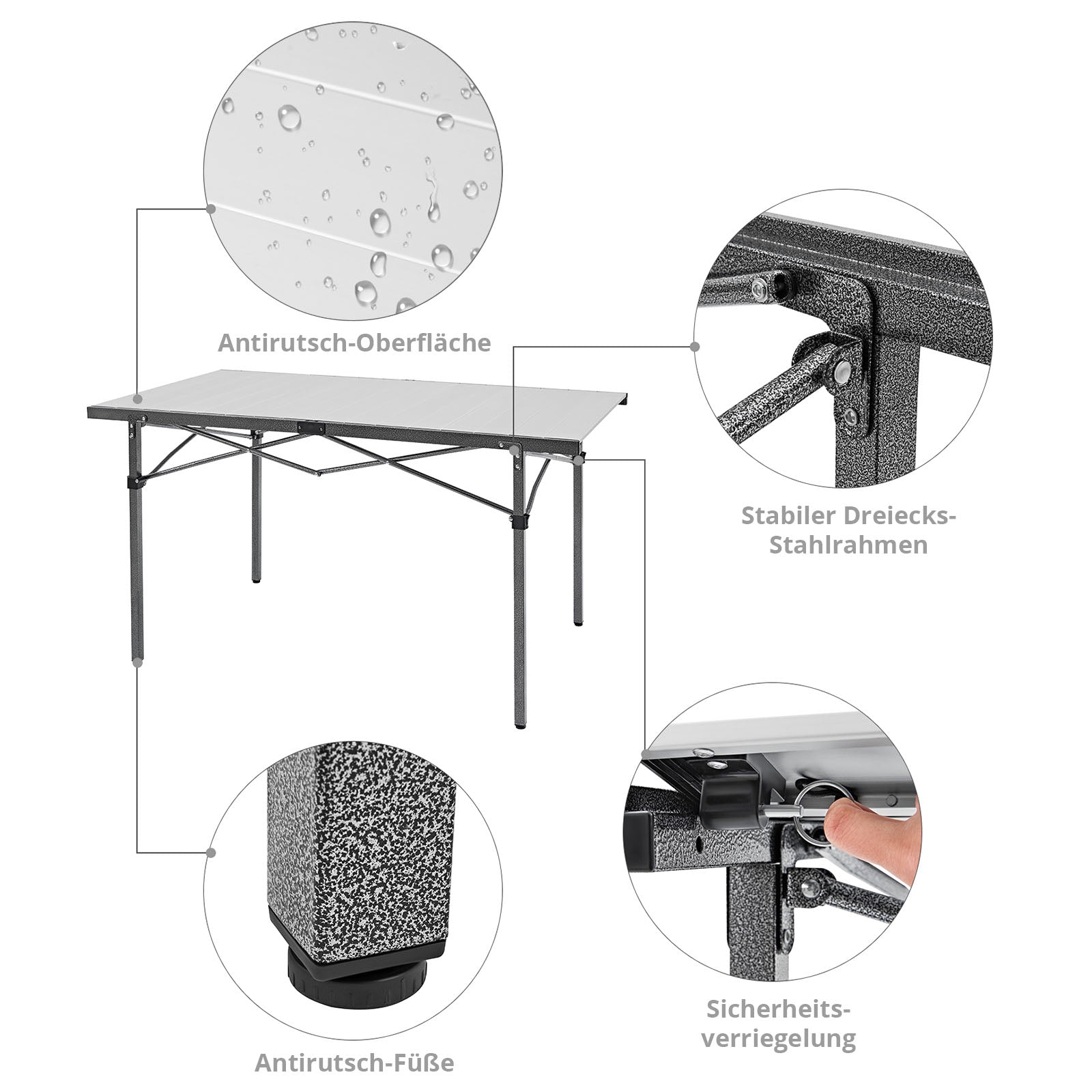KINGCAMP kampeertafel, campingtafel op wieltjes, klaptafel, tuintafel, aluminium, 136 x 70 cm