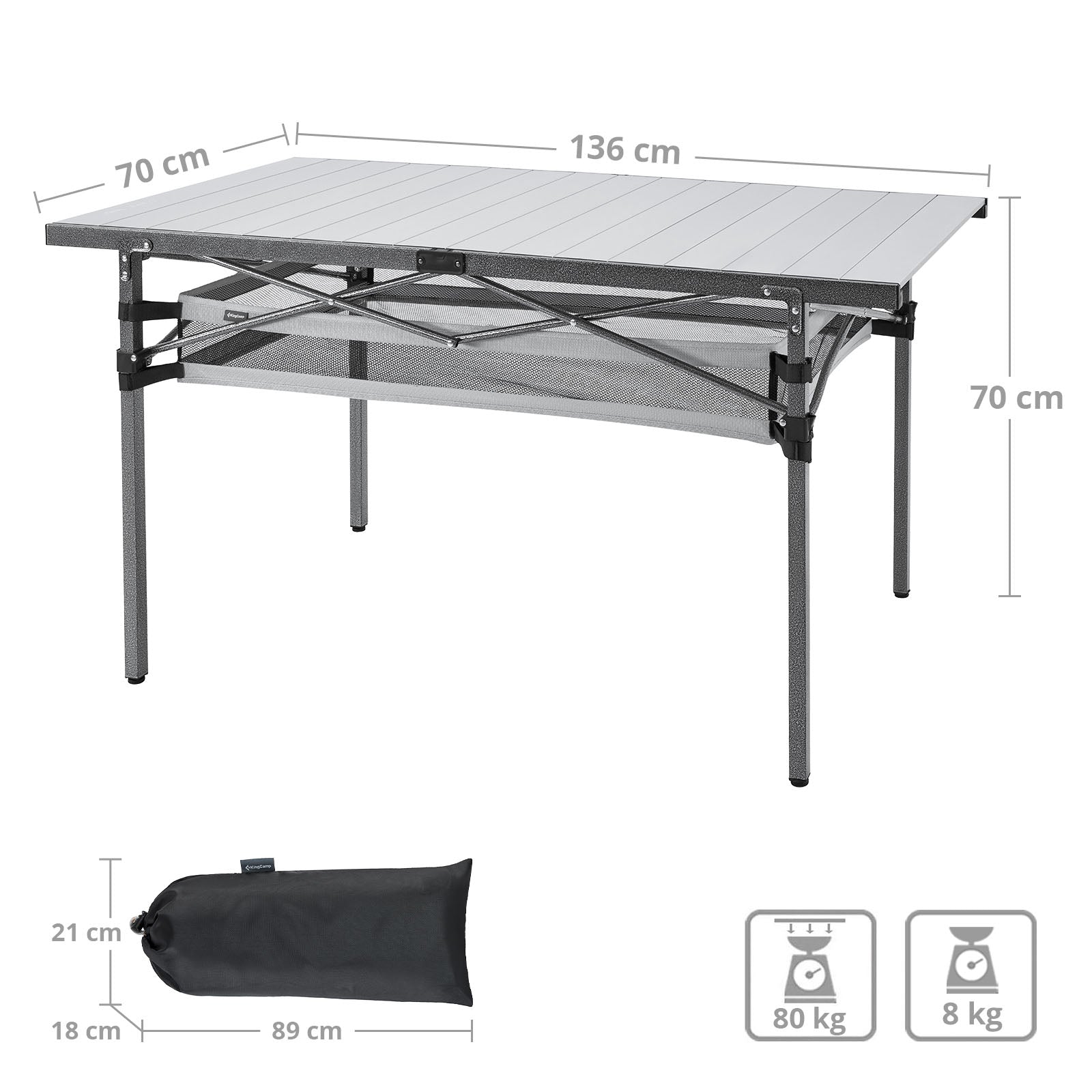 Table de camping KINGCAMP table de camping roulante table pliante table de jardin pliante en aluminium 136x70cm