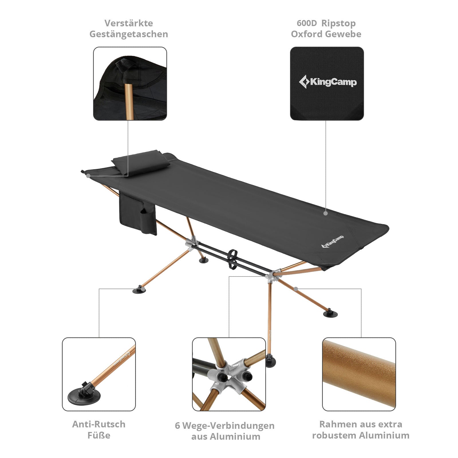 Hamac de camping pliant en aluminium Kingcamp XL, support large, capacité de charge : 120 kg