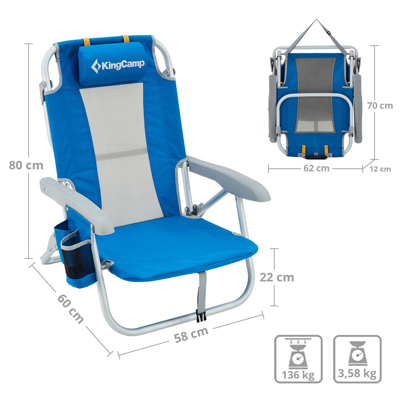 KINGCAMP Strand Stuhl Camping Liege Klappstuhl XL Niedrig Verstellbar Alu 136 kg