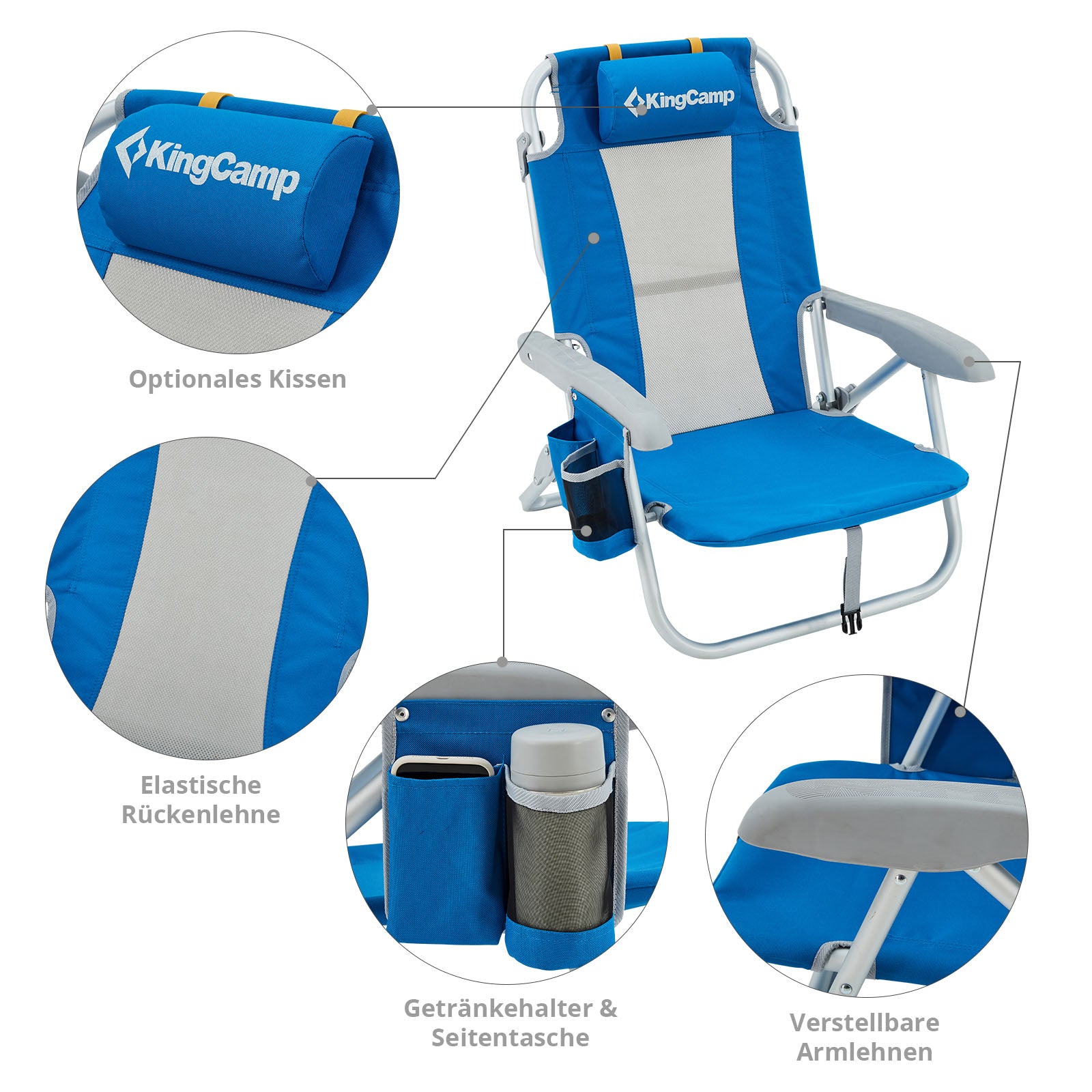 KINGCAMP Strand Stuhl Camping Liege Klappstuhl XL Niedrig Verstellbar Alu 136 kg