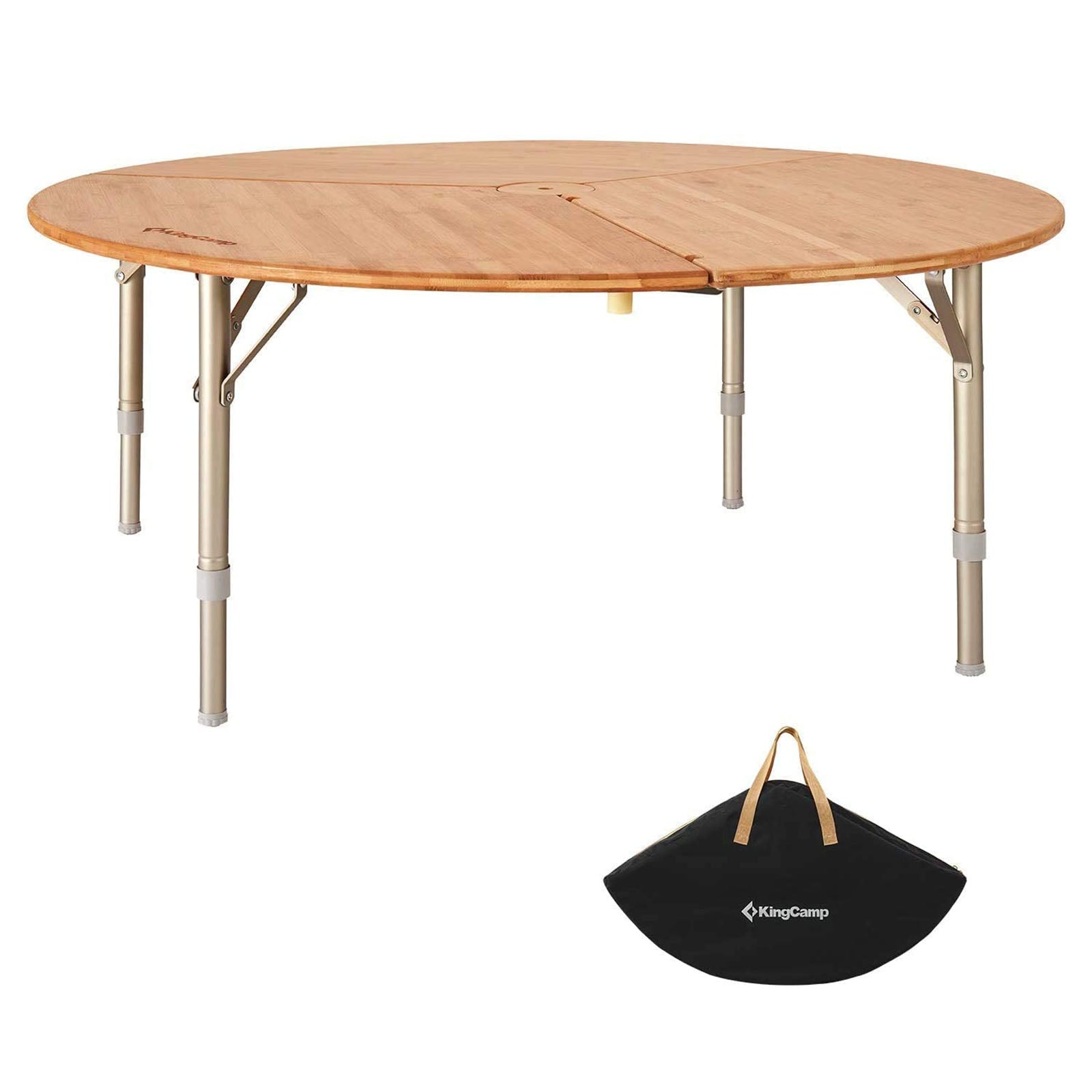 Table pliante ronde en bambou KINGCAMP, table de camping pliante en aluminium et bois, hauteur réglable XL