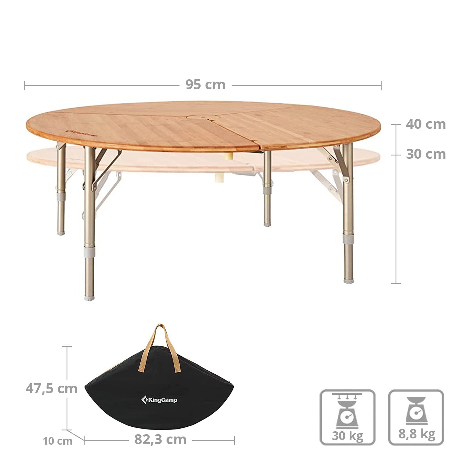 Table pliante ronde en bambou KINGCAMP, table de camping pliante en aluminium et bois, hauteur réglable XL