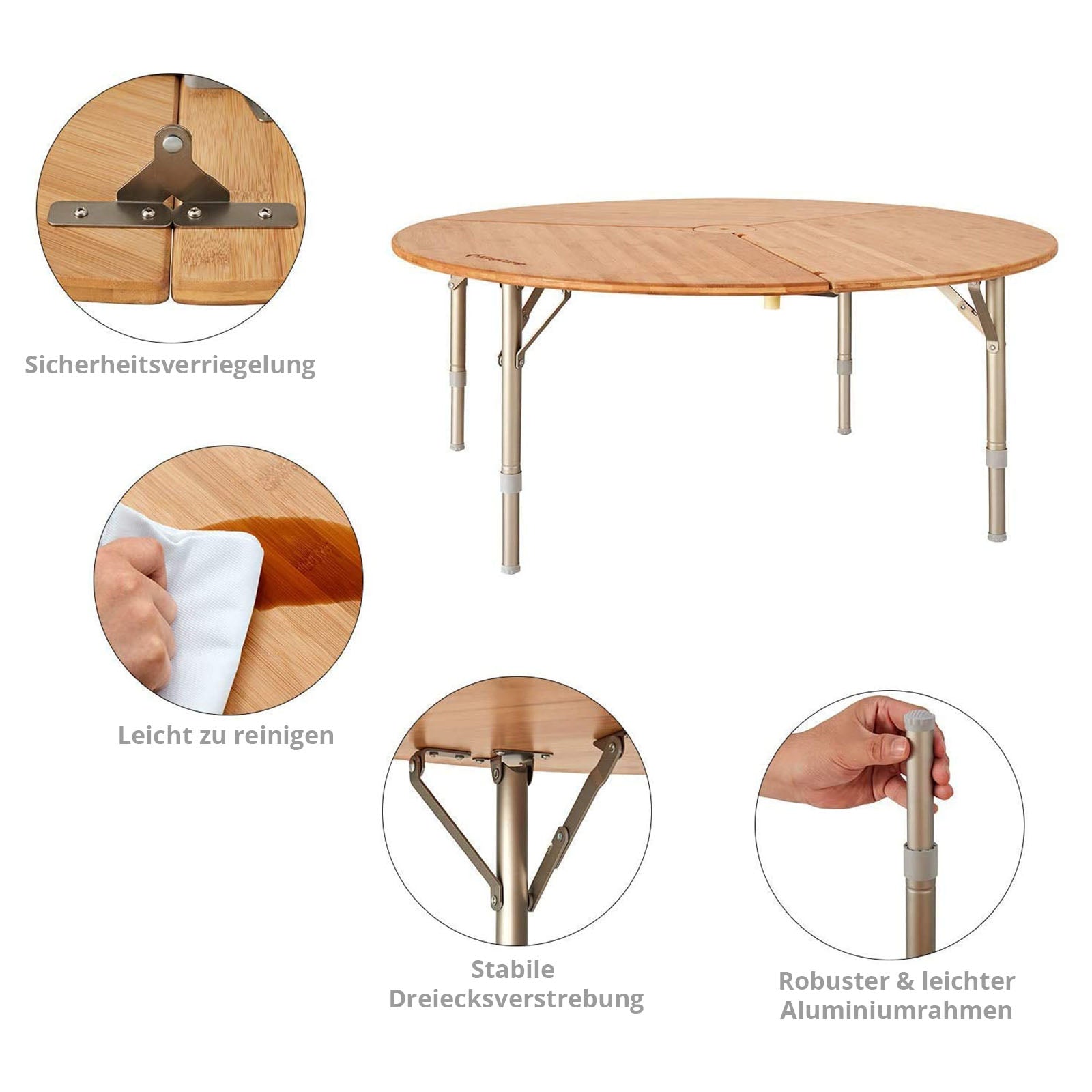 KINGCAMP Ronde kampeertafel van bamboe en aluminium, in hoogte verstelbaar, XL