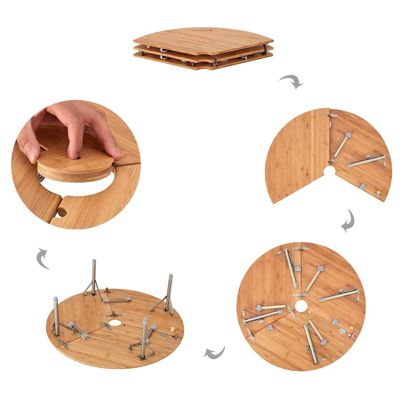KINGCAMP Ronde kampeertafel van bamboe en aluminium, in hoogte verstelbaar, XL
