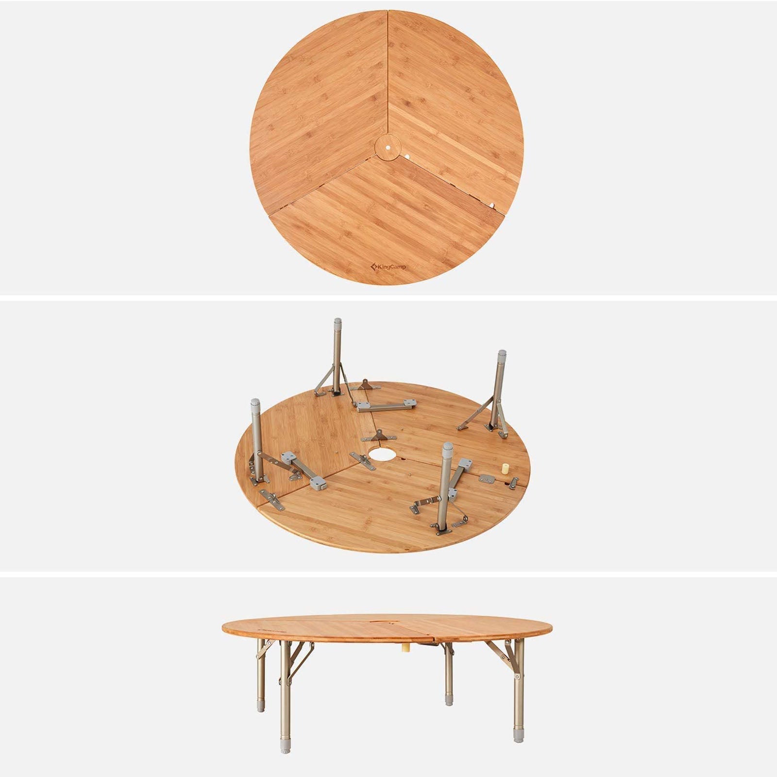 KINGCAMP Ronde kampeertafel van bamboe en aluminium, in hoogte verstelbaar, XL
