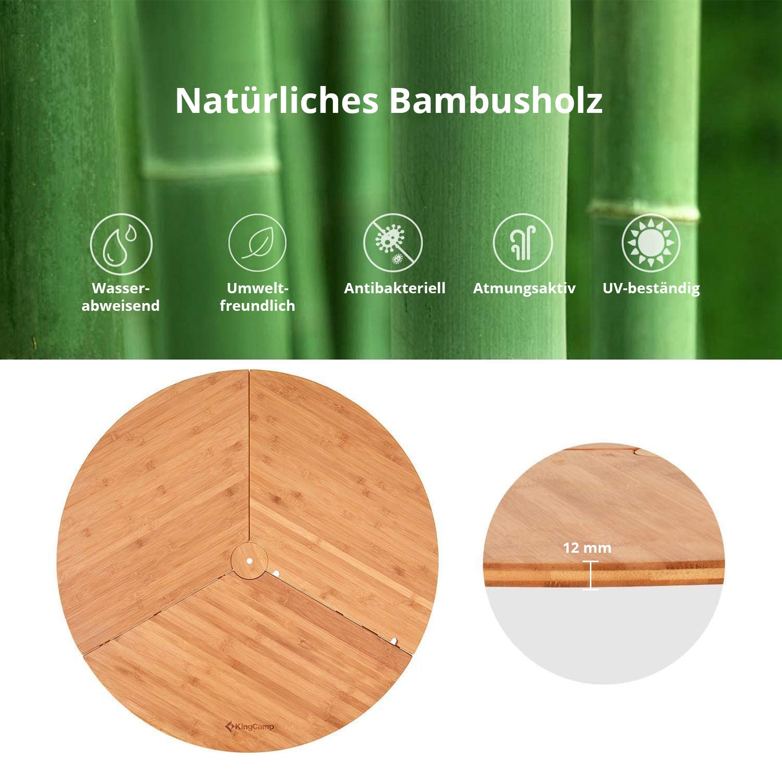 KINGCAMP Bambus Klapptisch Rund Camping Falt Tisch Alu Holz Höhen Verstellbar XL