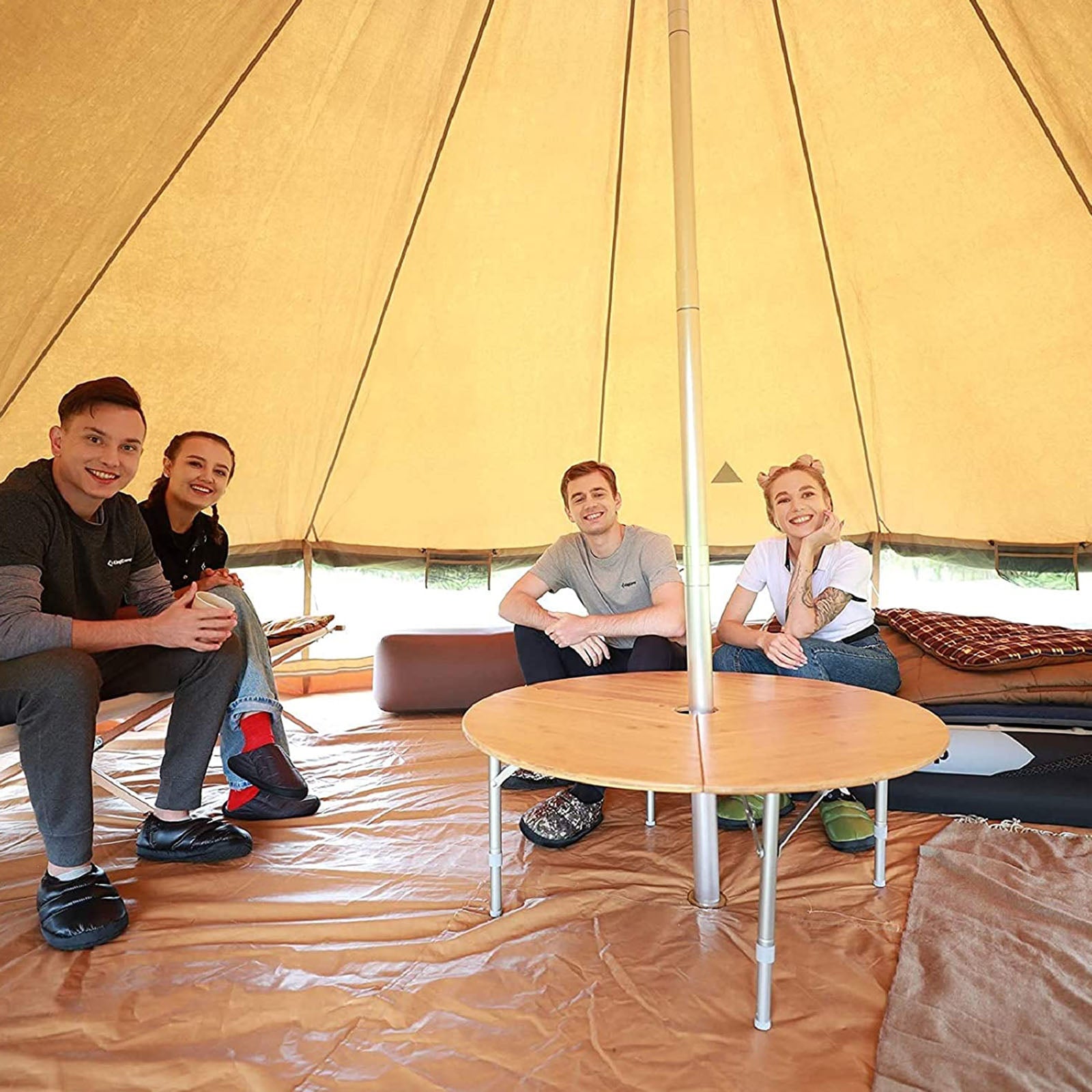 KINGCAMP Ronde kampeertafel van bamboe en aluminium, in hoogte verstelbaar, XL