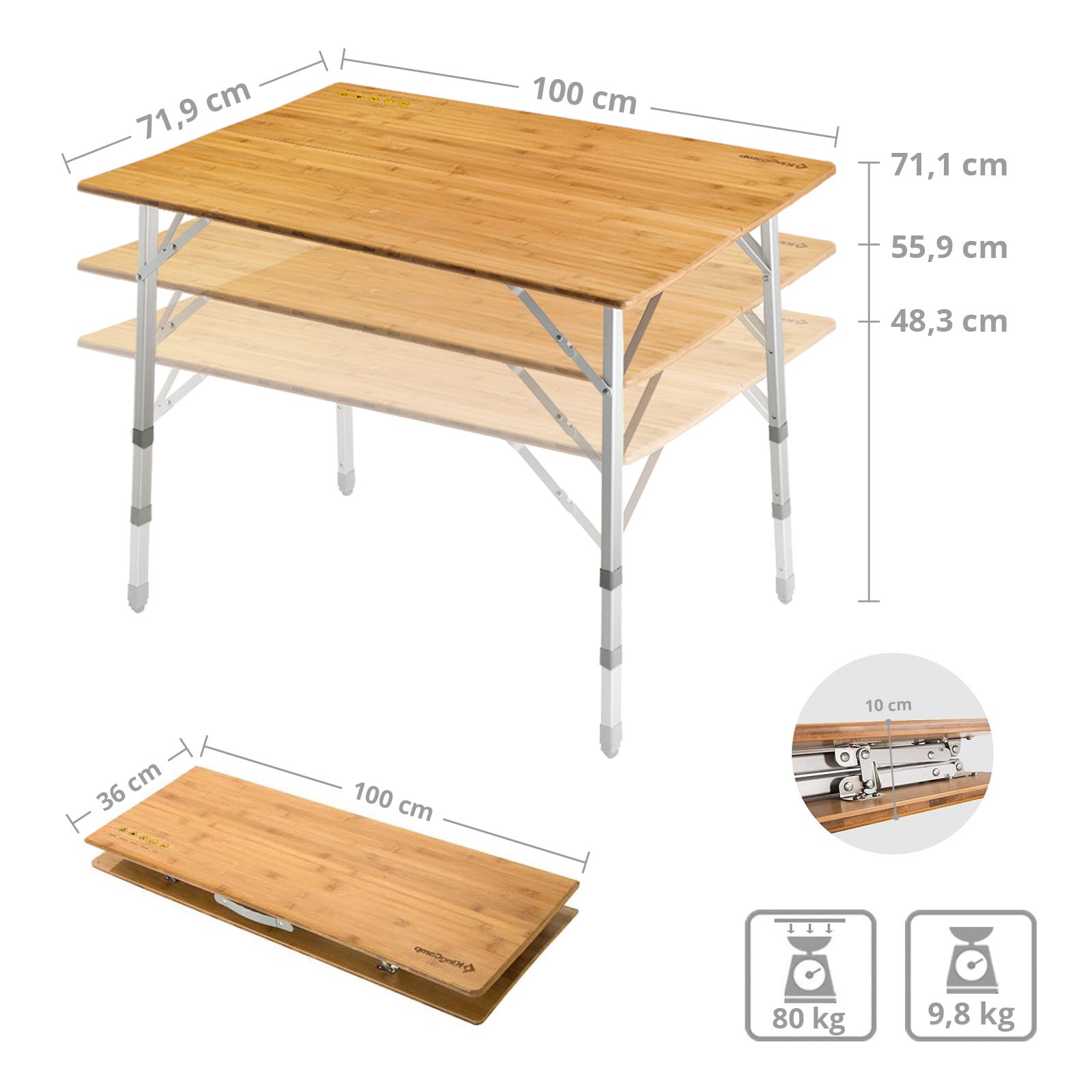 Table pliante de camping en bambou KINGCAMP, table de jardin pliante en aluminium et bois, 3 hauteurs réglables