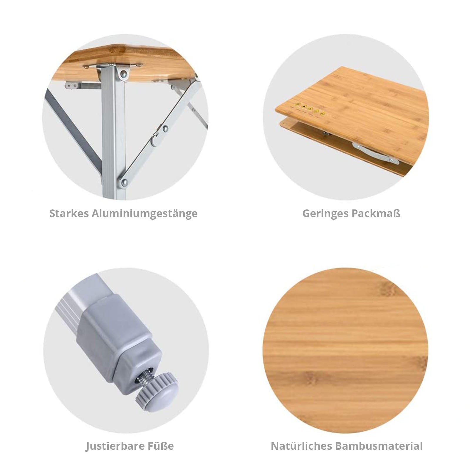 KINGCAMP Bamboe kampeertafel, opvouwbare tuintafel van aluminium en hout, verstelbaar in 3 hoogtes