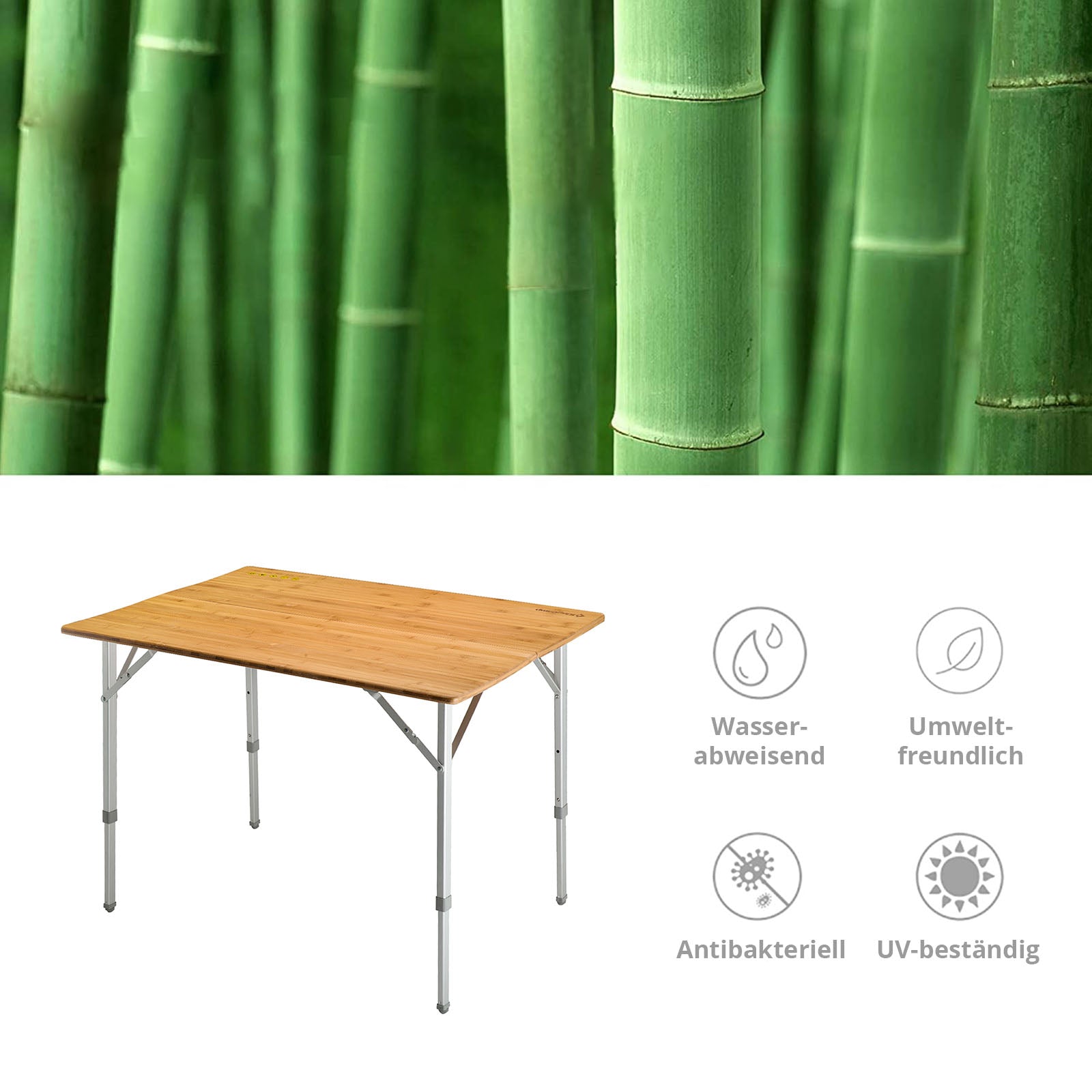 KINGCAMP Bamboe kampeertafel, opvouwbare tuintafel van aluminium en hout, verstelbaar in 3 hoogtes