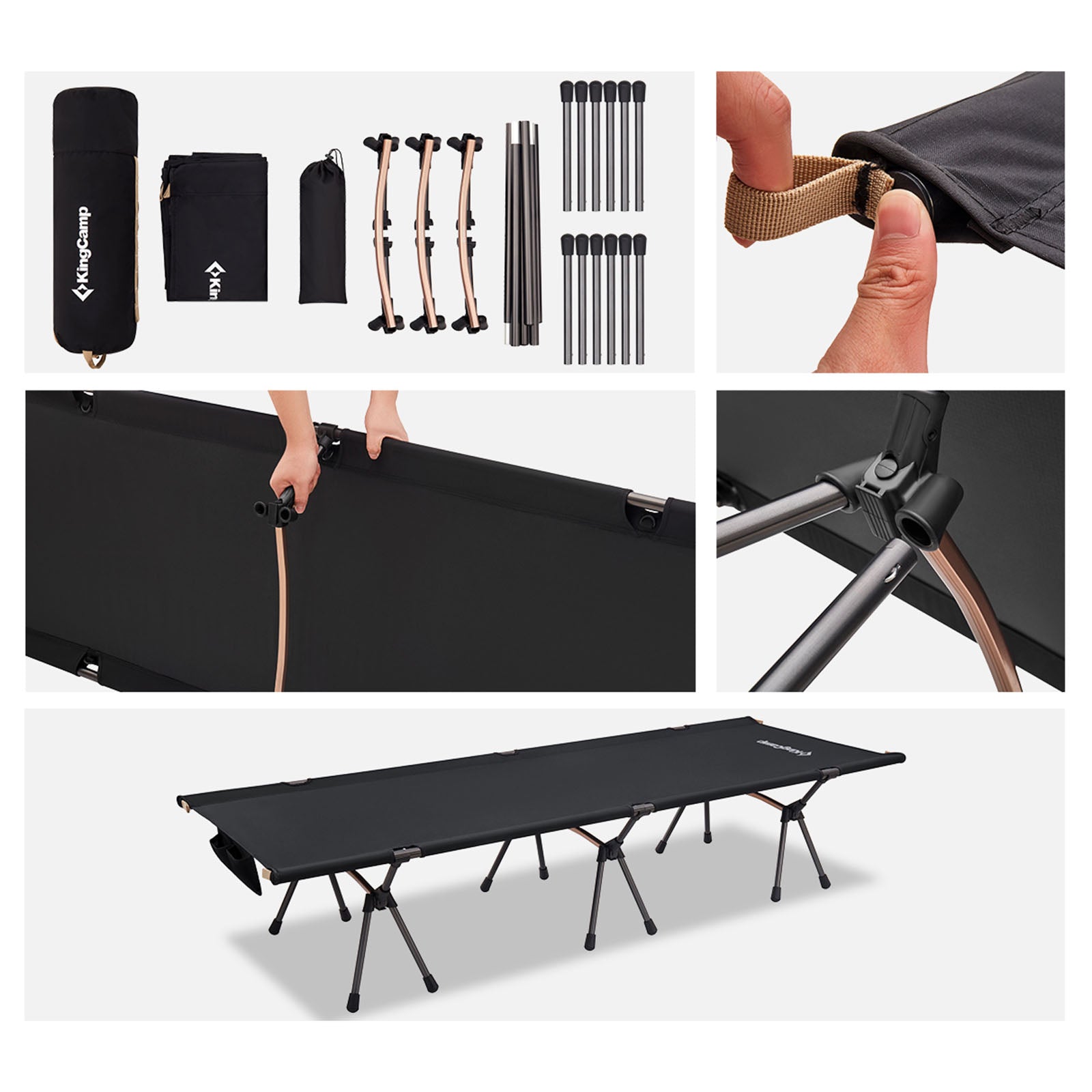 Lit de camp en aluminium KINGCAMP, lit pliant à clic, chaise longue de camping légère et haute, 150 kg, 2 hauteurs