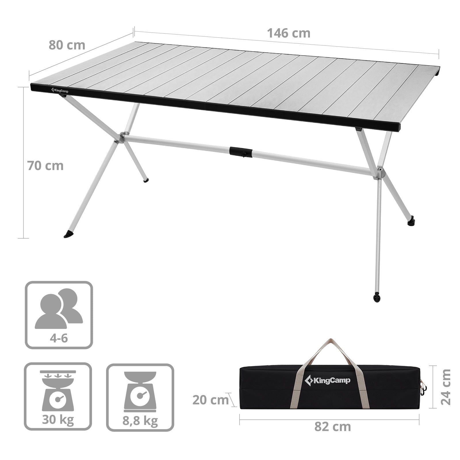 KINGCAMP Campingtisch Camping Rolltisch Klapptisch Garten Falttisch Alu 146x80cm