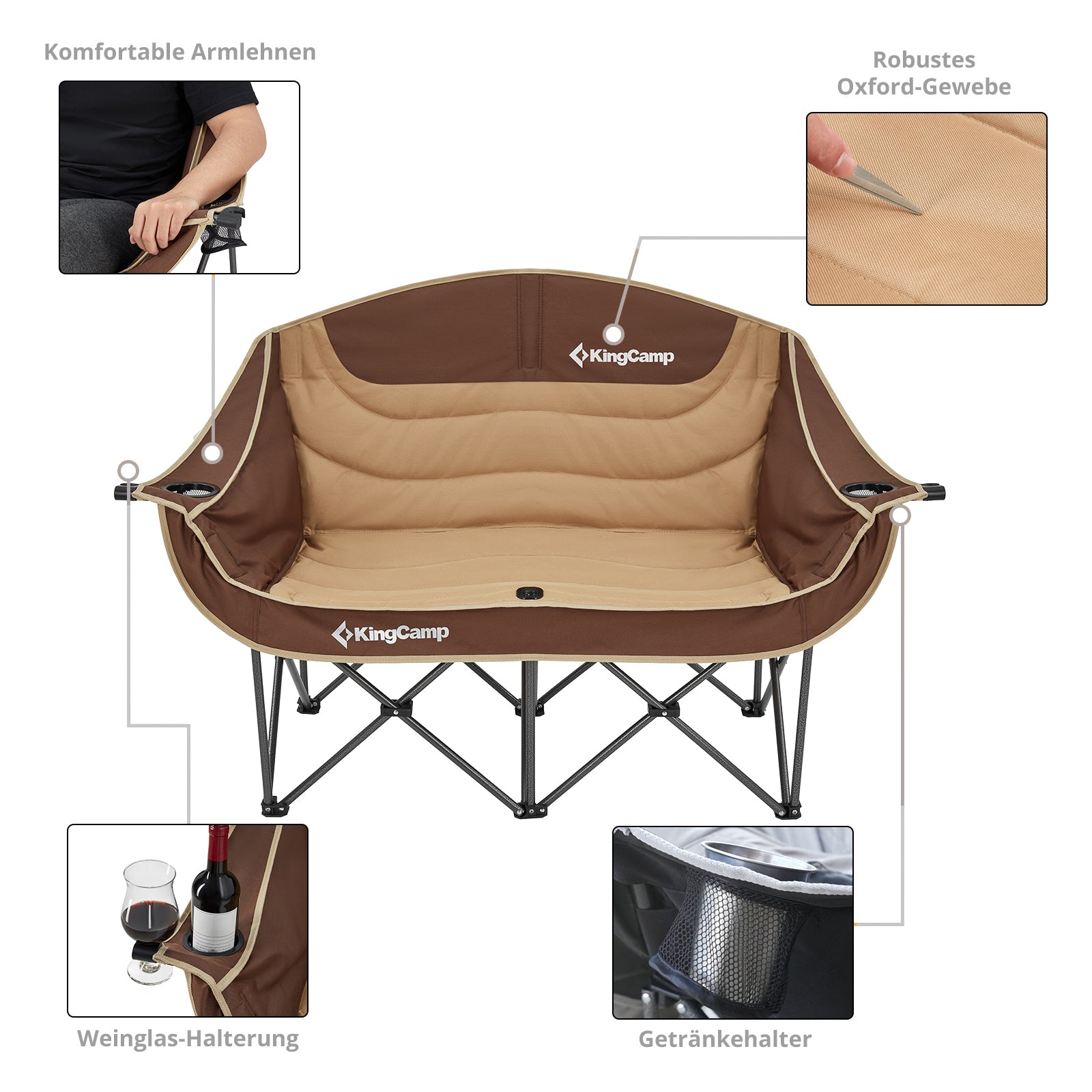KINGCAMP Campingbank Duo Deluxe Dubbele Lounge 2-persoons klapstoelbank 200 kg