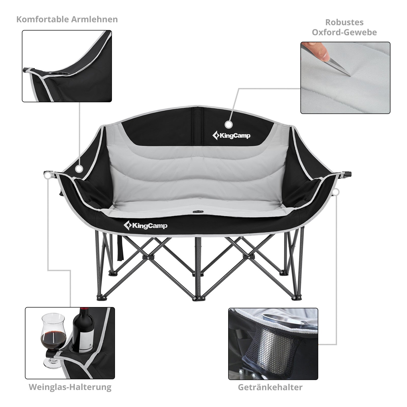 Chaise de camping Kingcamp Duo Deluxe Double Lounge 2 personnes Chaise pliante 200 kg