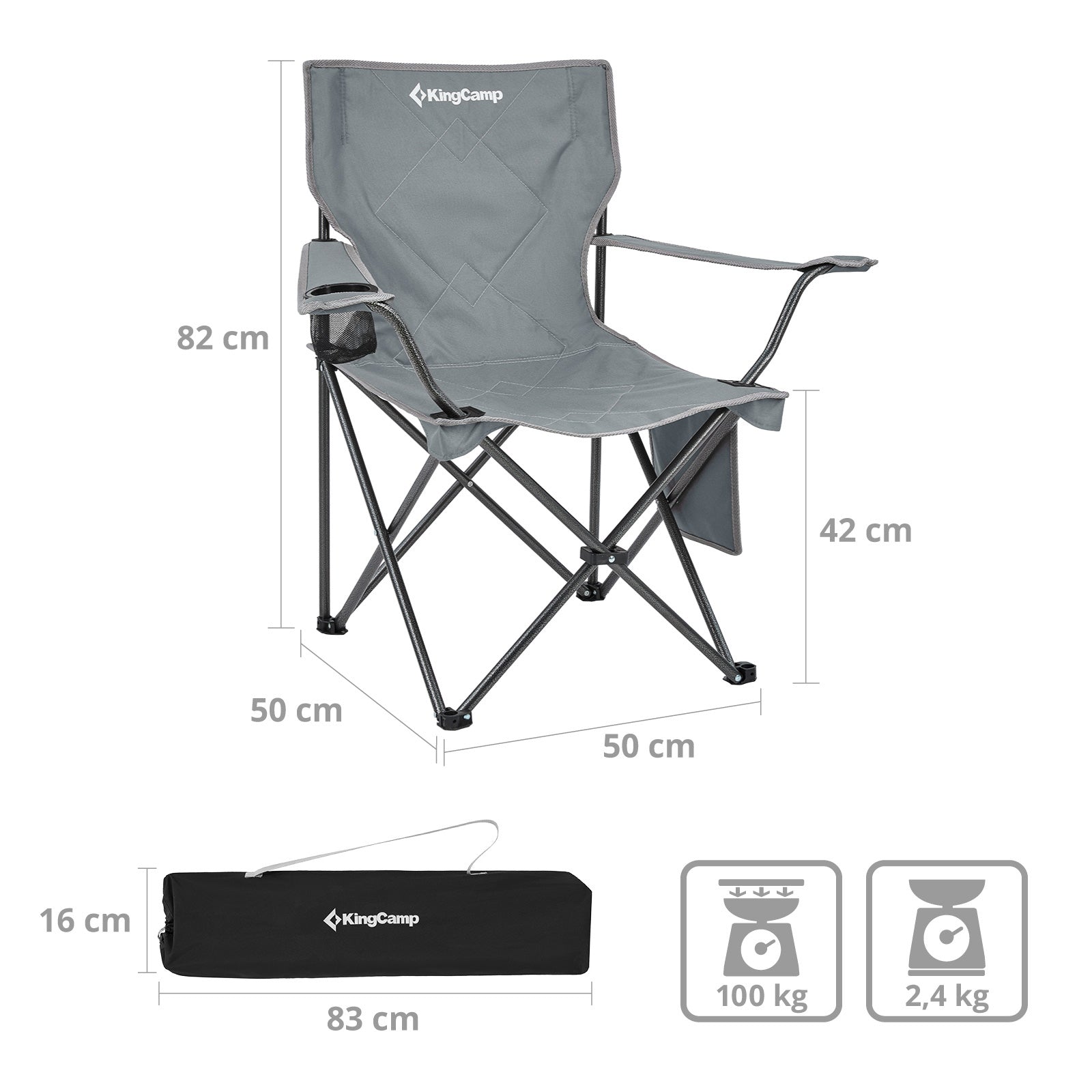 Chaise de camping pliante KINGCAMP Tanger XL, chaise de plage pliante en acier léger, 100 kg