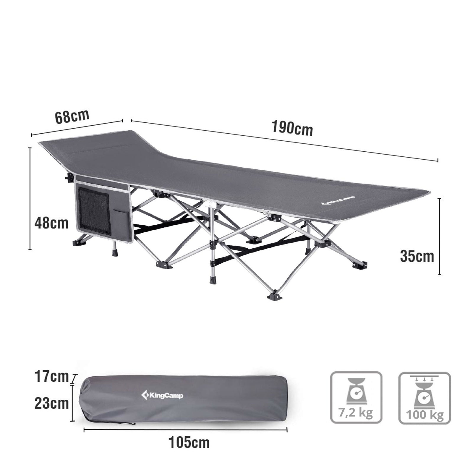 Lit de camp KINGCAMP XL chaise longue de camping en plein air lit pliant lit d'invité en acier 190x67 cm