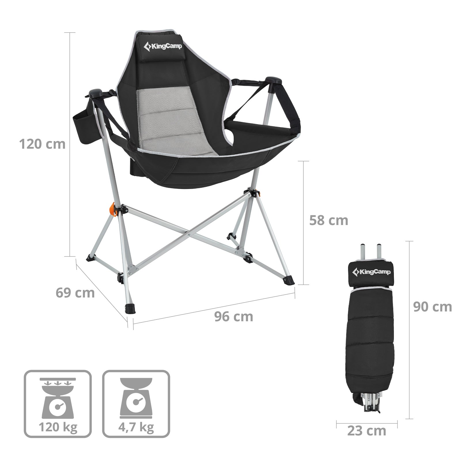 Chaise de camping KINGCAMP Orchidée à bascule Fauteuil de camping réglable en aluminium 120 kg
