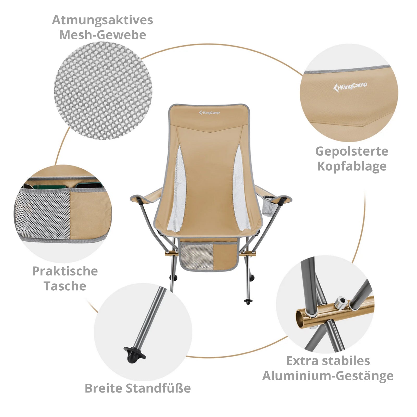 Chaise de camping pliante KINGCAMP Cataby Deluxe, chaise de plage pliable en aluminium, 120 kg